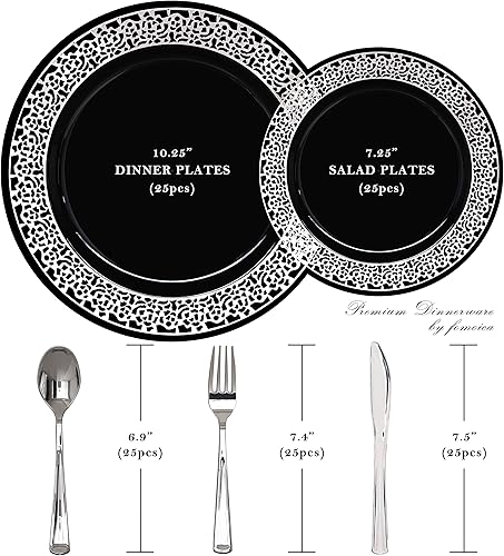 Miniatura 5 de Platos y cubiertos de plástico negro y plateado  Juego de vajilla de plástico desechable de alta calidad  Platos de cena reutilizables, tenedores,