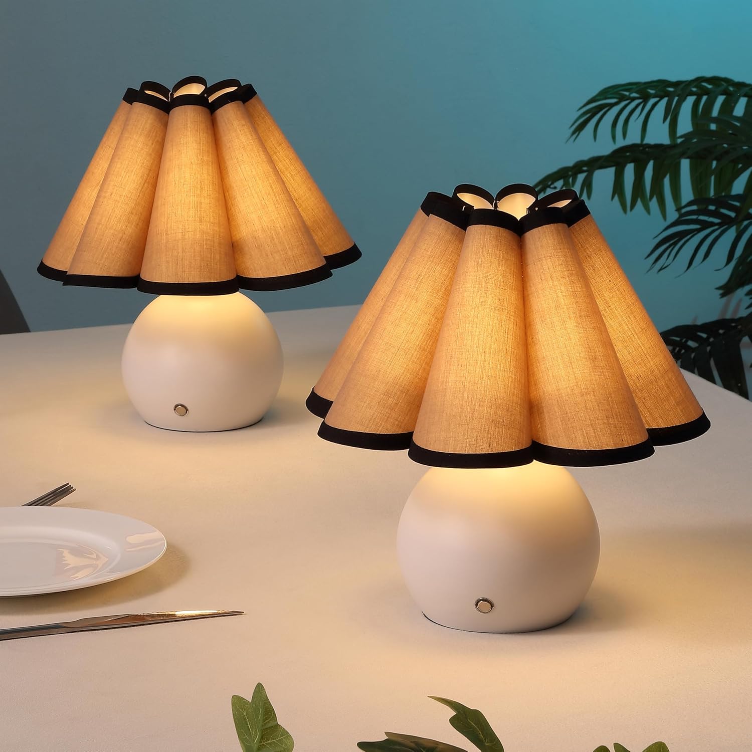 JONATHAN Y 10.5" Ivory Rechargeable Cordless Integrated LED Table Lamps Set of 2, Classic Vintage Scalloped Linen Shade, Dimmable Touch Sensor Accent Lamps JYL7157A-SET2