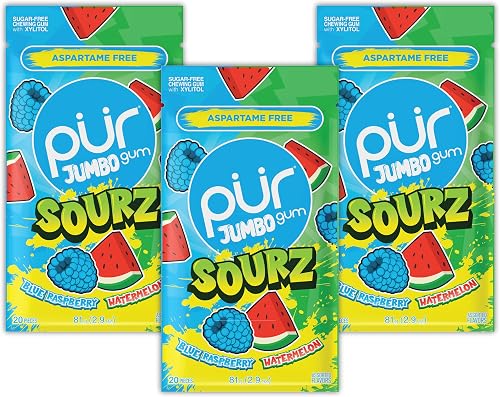 PUR Jumbo SOURZ Gum | Chewing-gum sans aspartame | Au xylitol | Arôme naturel | 