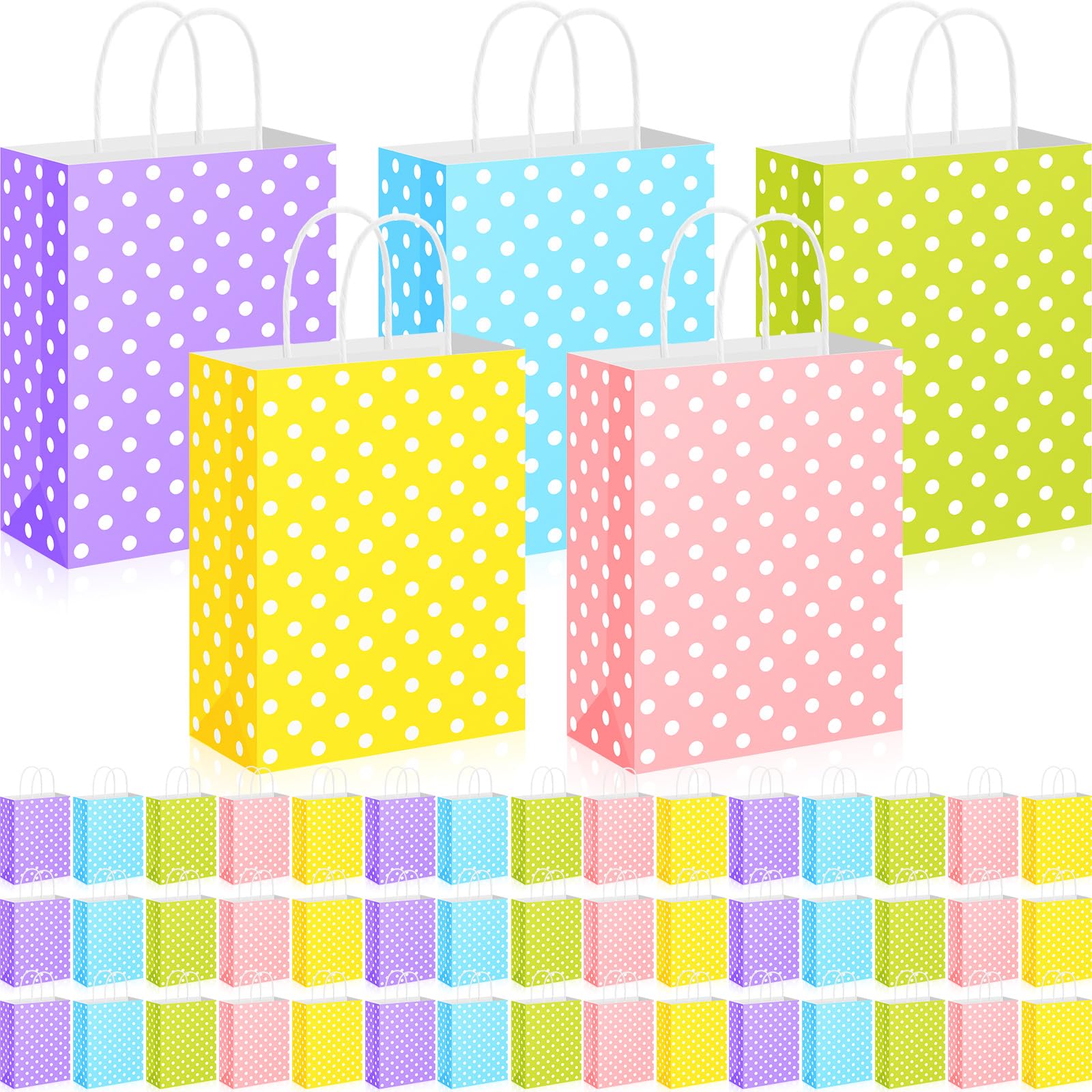 Yeaqee 50 Pieces Pastel Paper Bags with Handle Easter Gift Bags Bulk Polka Dot Candy Goodies for Easter Party Favor Supplies