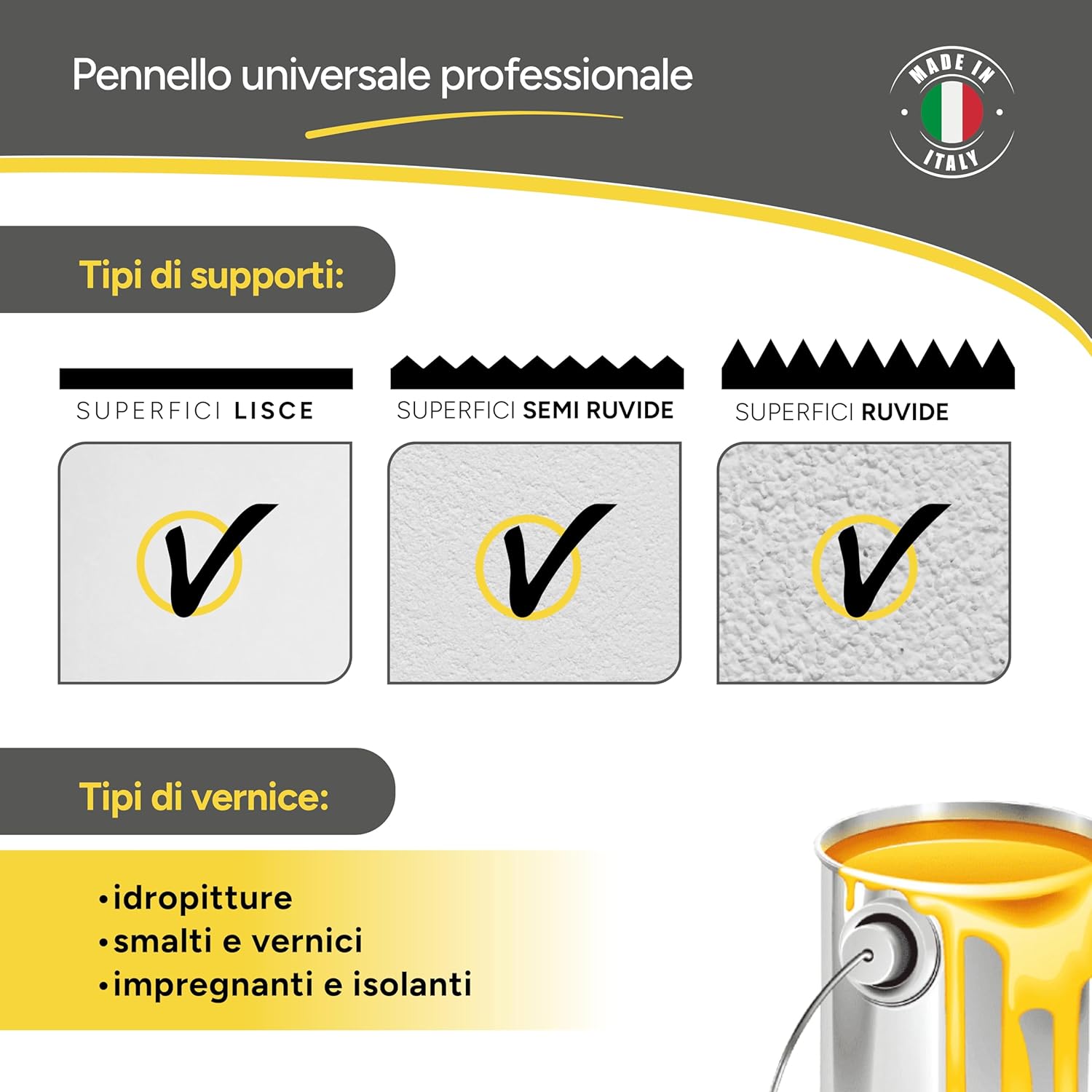 Boldrini Set of 4 Brushes with Wooden Handle for Walls, Wood and Iron Set 3-4-5-6 cm Made in Italy