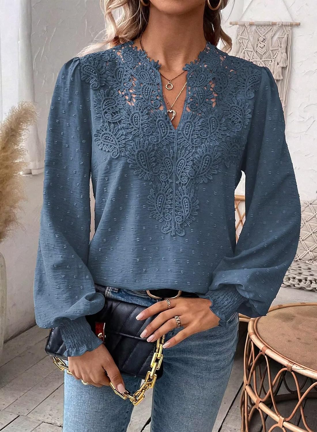 Womens Tops Swiss Dot Boho Long Sleeve Shirts V Neck Casual Chiffon Blouses Flowy Lace Hem Cute Clothing Trendy 2026 - Image 6