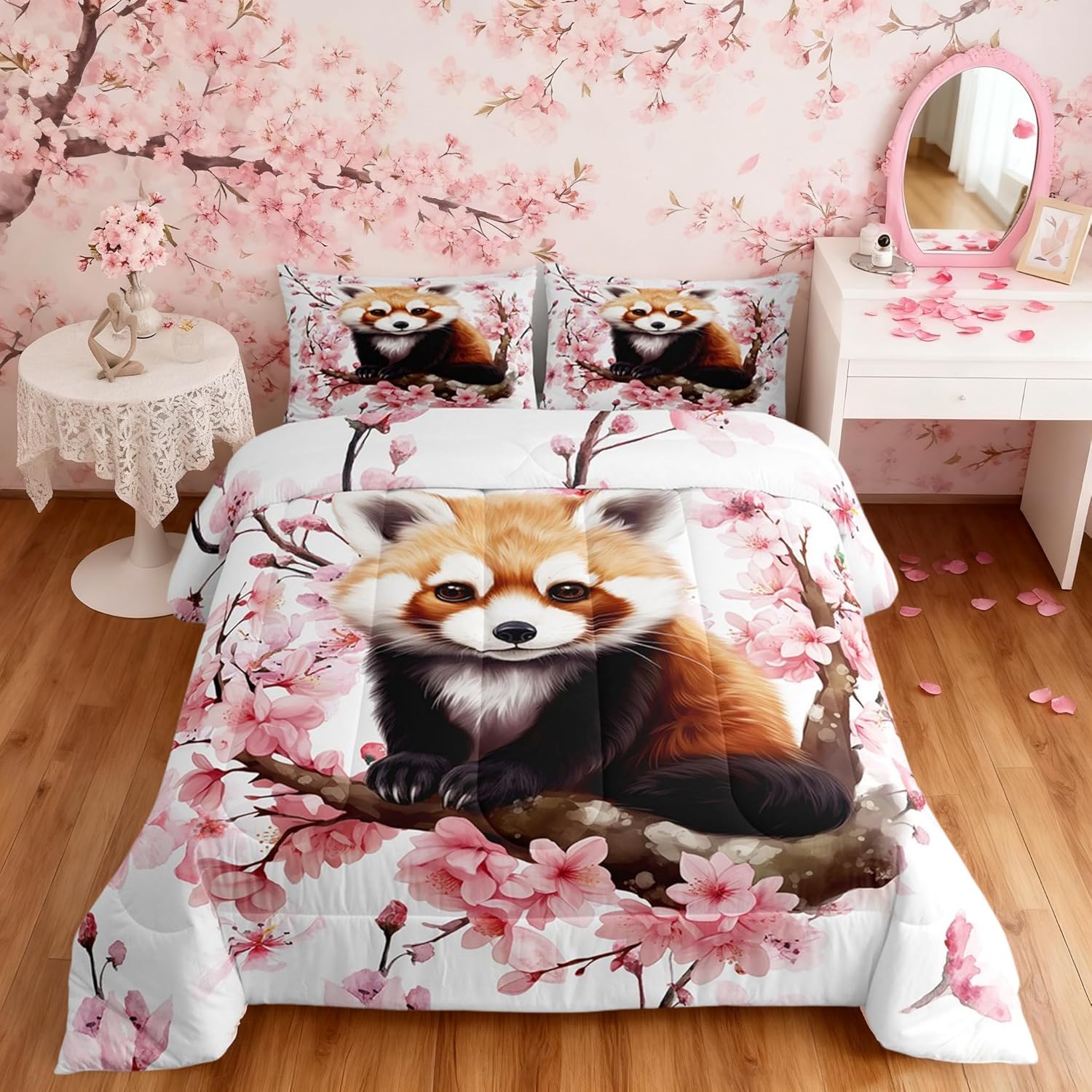 Manfei Red Panda Kawaii Twin Size Comforter Set,Pink Cherry Blossom Spring Blooming Floral Quilt Set Soft Bed Collection,Cute Wild Animal Nature Bedding Comforter for Kids Adults Home Decor,2 Pcs