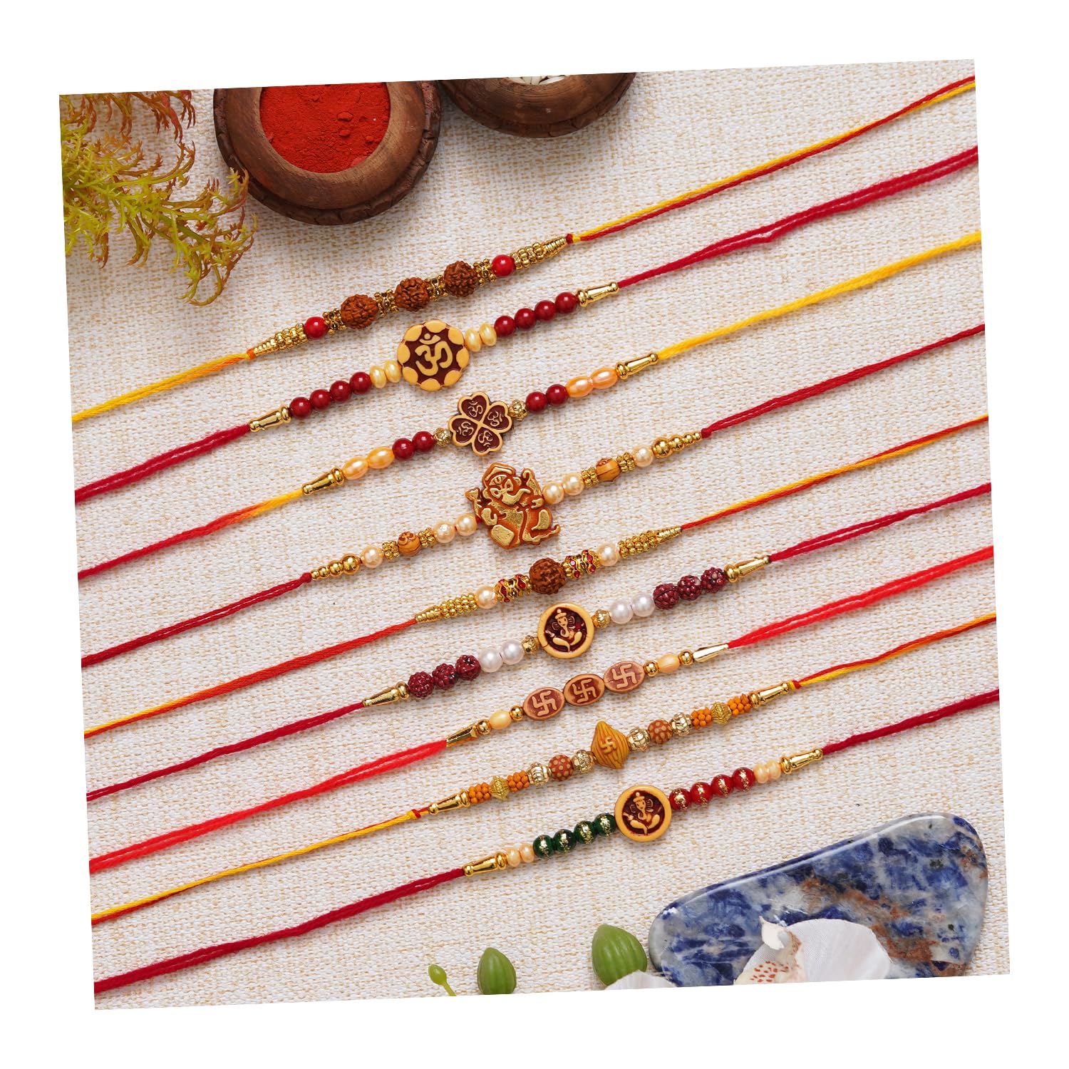 eCraftIndia Multicolor Set of 9 Om, Ganesha, Swastik, Rudraksha, Pearls Religious Designer Rakhis with Roli Chawal Pack - Rakhis for Brothers (B0C6PY38G6) Amazon Price History, Amazon Price Tracker