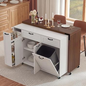 102.3 Inch Kitchen Island with Storage, Rolling Island with Extendable Dining Table, Kitchen Cart on Wheels with Trash Cabinet & Spice Rack, Large Dining Table for Kitchen,White
