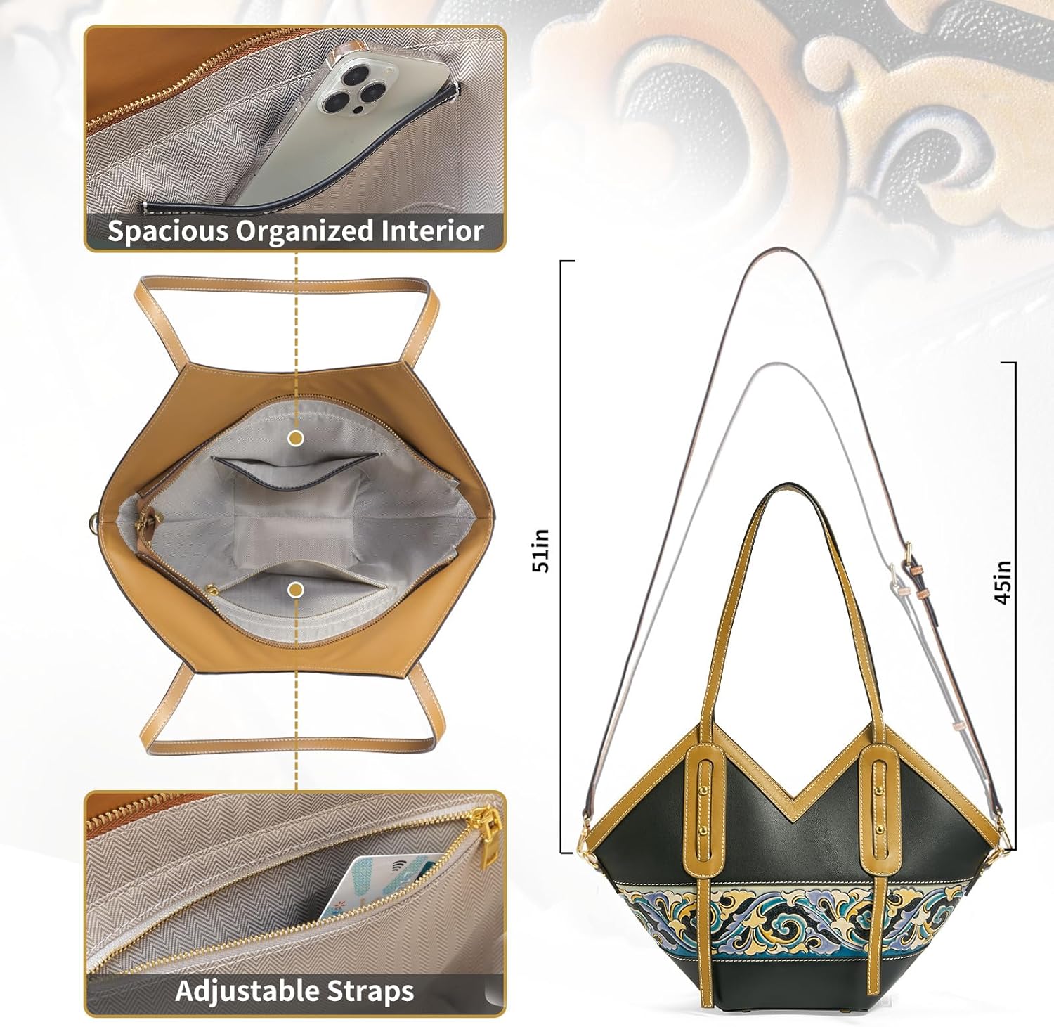 Women's Leather Tote Bag & Large Capacity Hand-Carved Cloud Design, Full-Grain Cowhide - Image 6