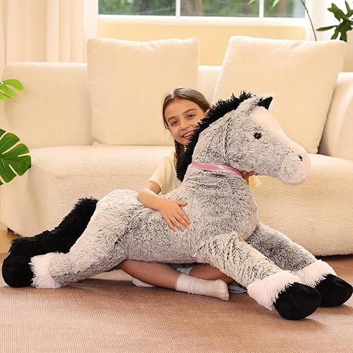 Miniatura 2 de Tezituor Almohadón de cuerpo de pony de peluche gigante de 47 pulgadas, juguete de peluche de granja de caballo realista de 4 pies de largo,