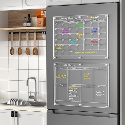 Miniatura 7 de Calendario semanal magnético acrílico para refrigerador, 16 x 12 pulgadas, calendario transparente de borrado en seco para refrigerador, tablero