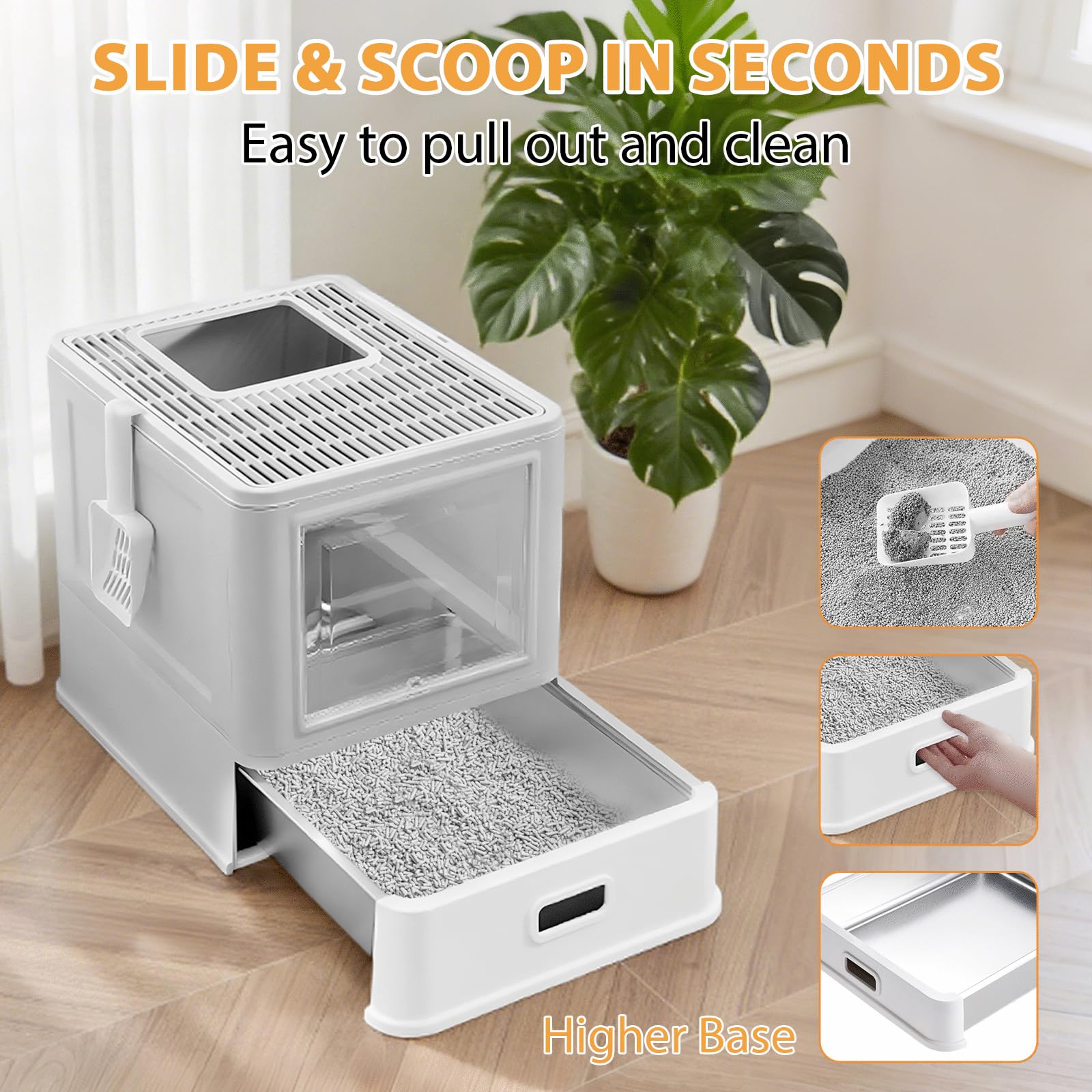 Homegroove Stainless Steel Cat Litter Box with Drawer, XL Foldable Enclosed Kitten Litter Box with Lid for Indoor Cats, Metal Covered Cat Litter Pan with Litter Scoop (Gray) - image 3