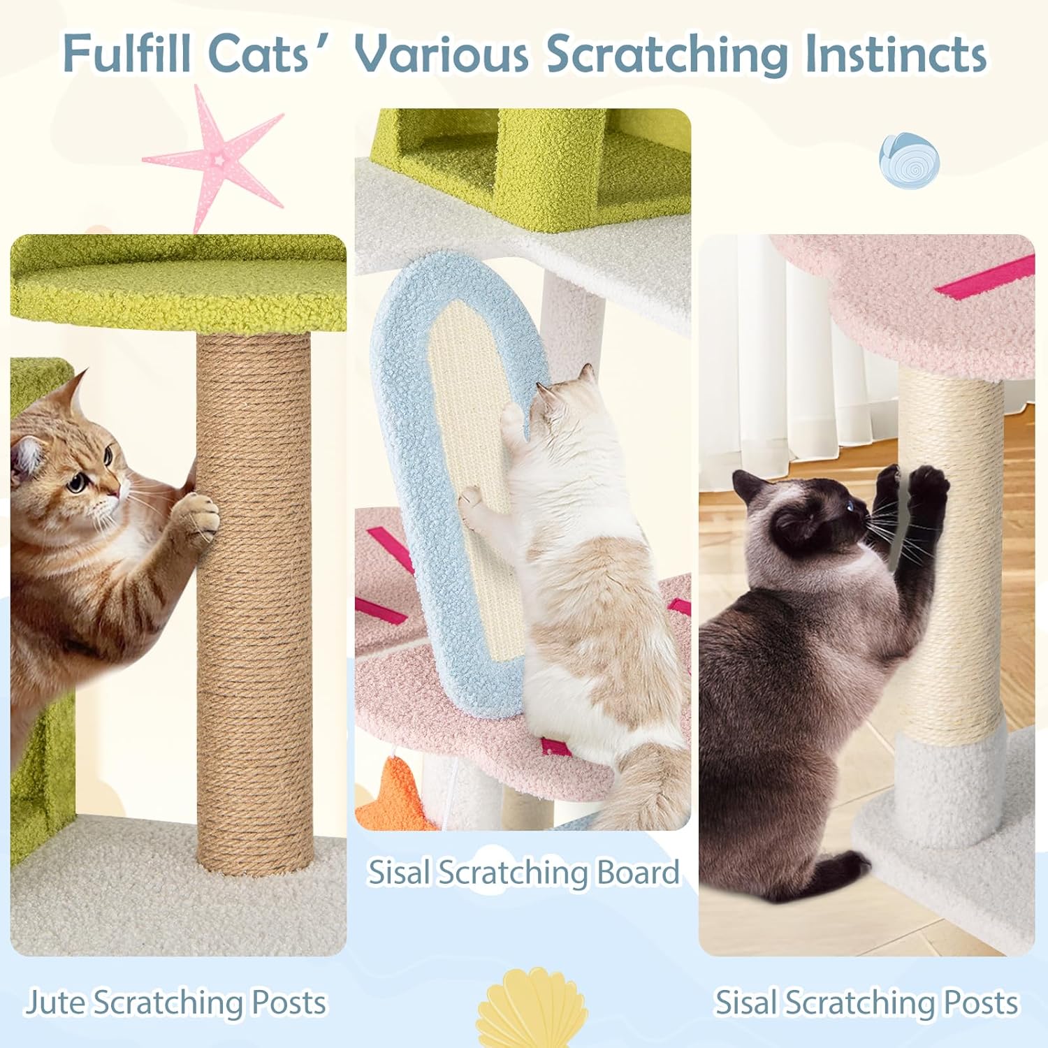PETSITE 71 Inch Beach-Themed Tall Cat Tree, Multi-Level Cat Tower with Scratching Posts, Dual Condos, Ramp, Faux Plant Leaves, and Cute Interactive Hanging Toys, Cute Cat Tree Tower for Indoor Cats