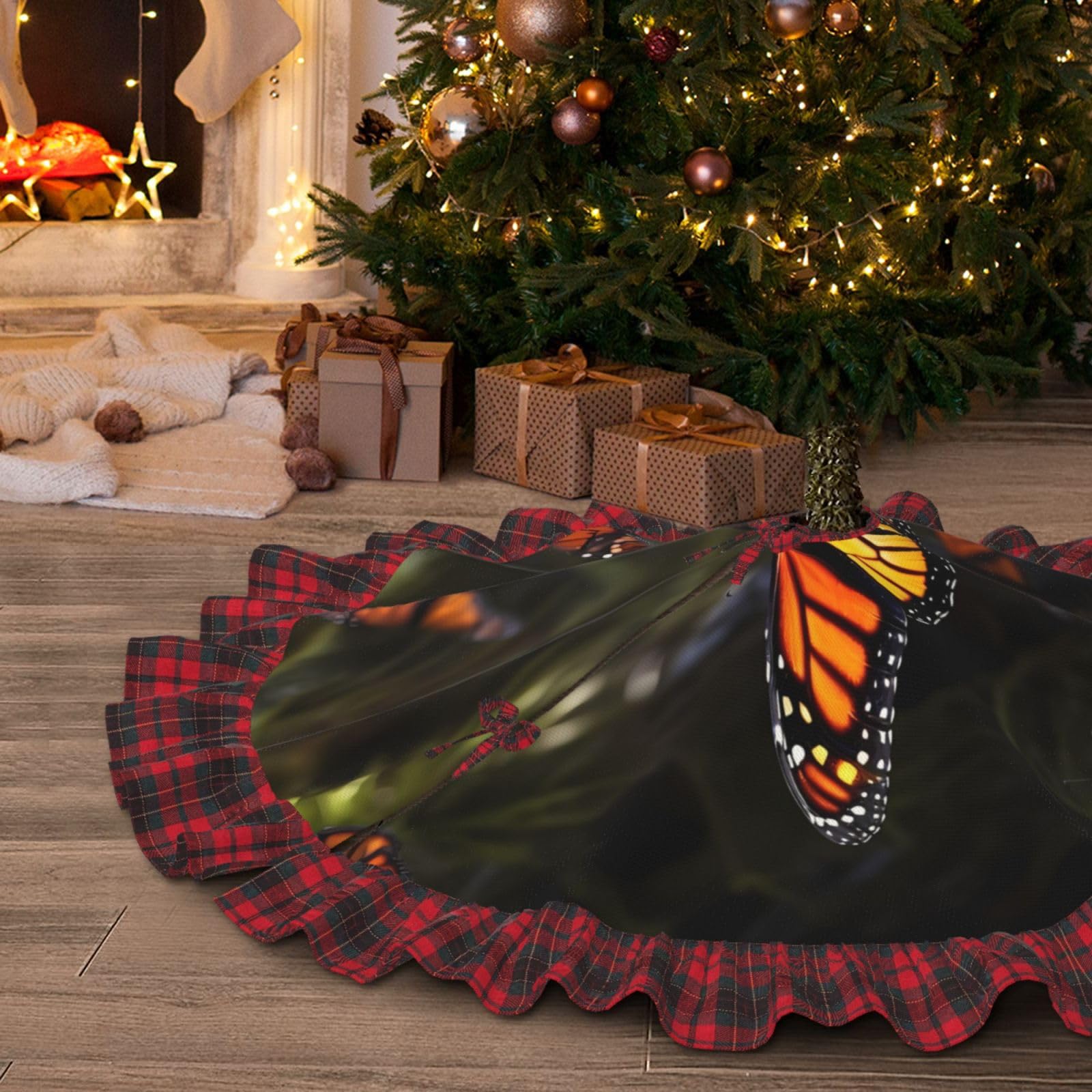 Jupe de sapin de Noël monarques et papillons pour un Noël magique