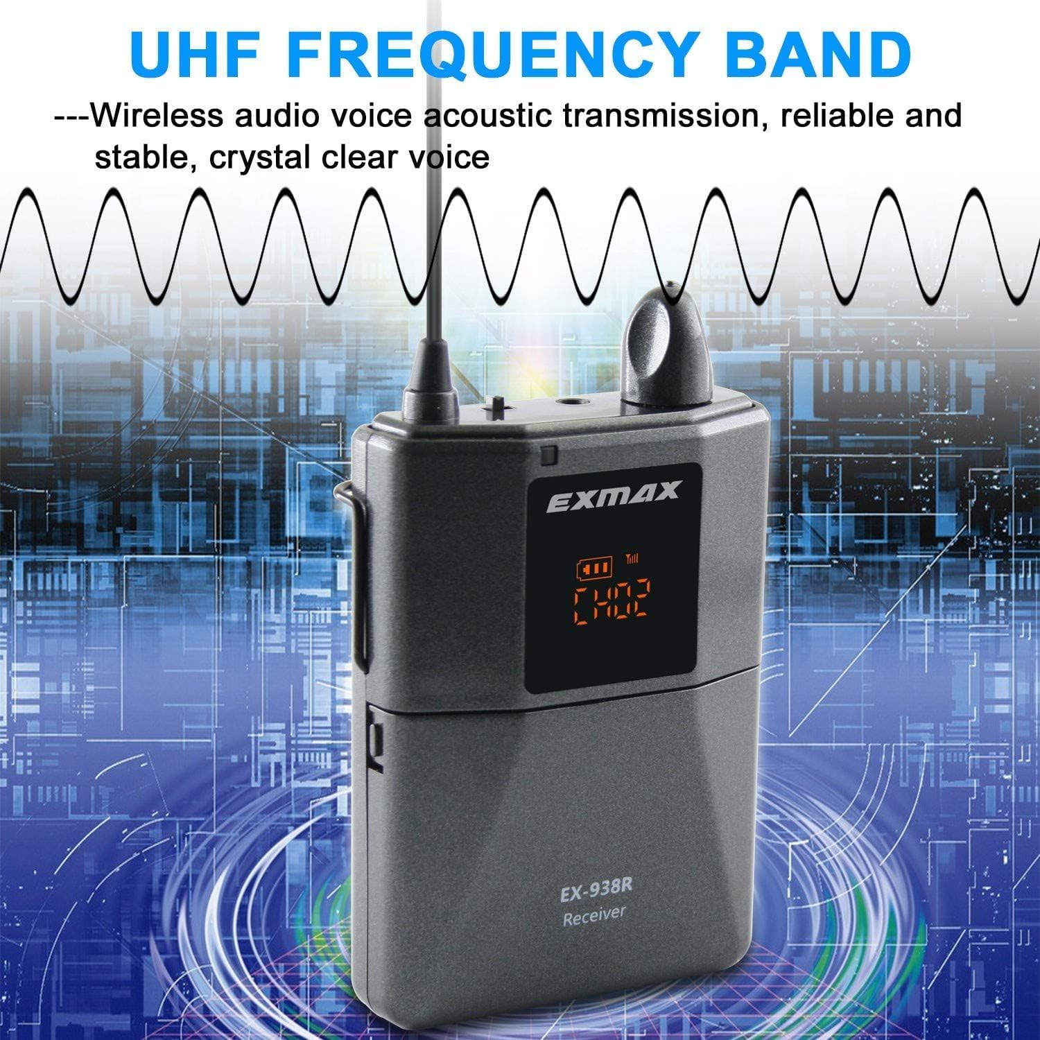EXMAX EX-938R Receiver for EX-938 Transmitter UHF Wireless Tour Guide System Simultaneous Interpretation Equipment- Guided Tour Travel Courtroom Interpretation - Receiver Only (Works with EX-938T)