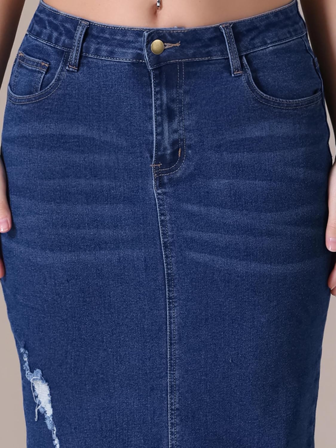 Women's Long Denim Skirt Mid Waisted Stretch Ripped Raw Hem Split Casual Pencil Midi Jean Skirts - Image 5