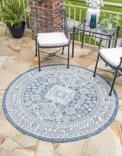 Unique Loom Outdoor Aztec Collection Alfombra de área - Chalca (10 pies, redonda, azulmarfil)