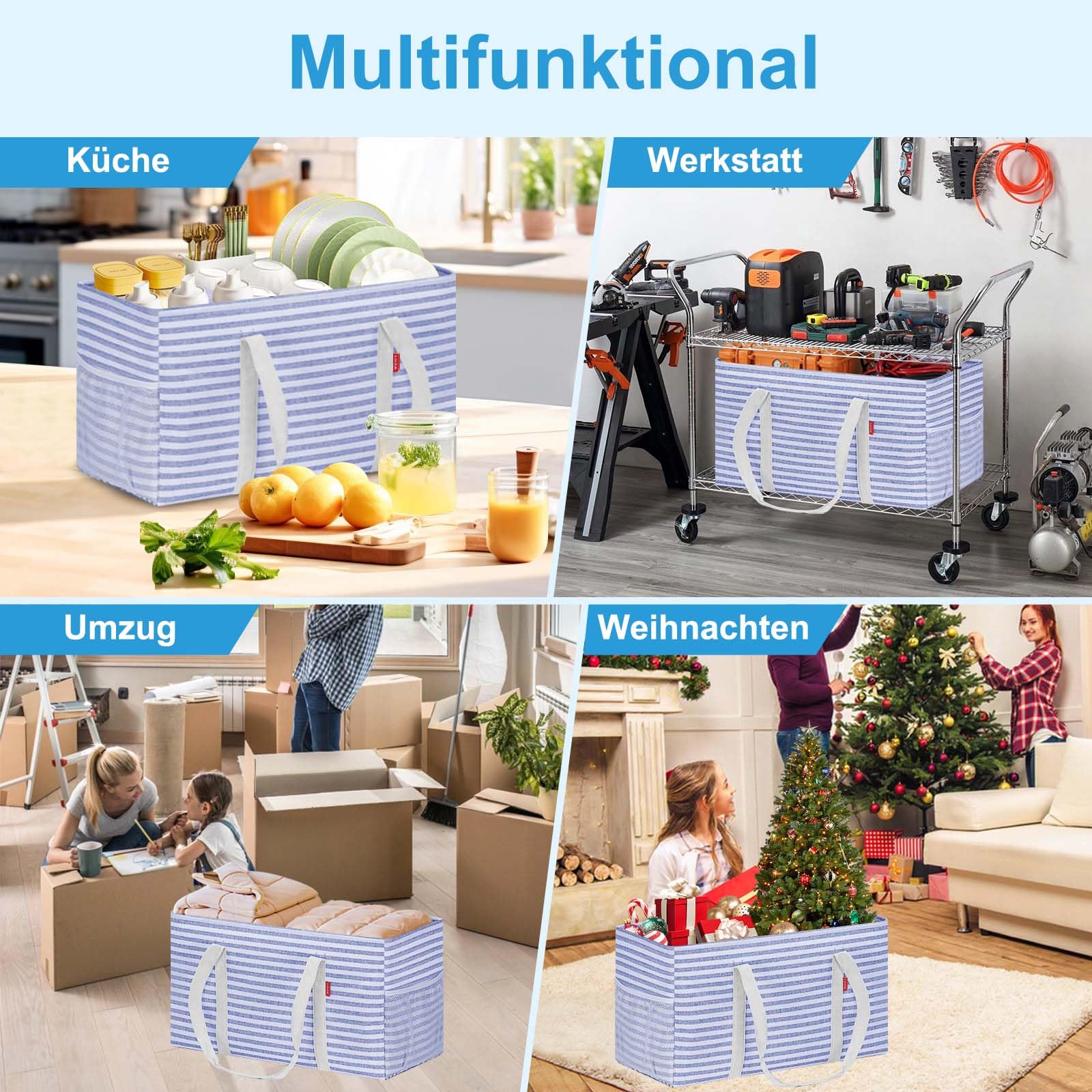 Panier à provisions pliable avec cadre en fil métallique et fond renforcé - Grand panier de transport avec poignée - Idéal pour le shopping, les pique-niques, la plage, le camping (bleu)