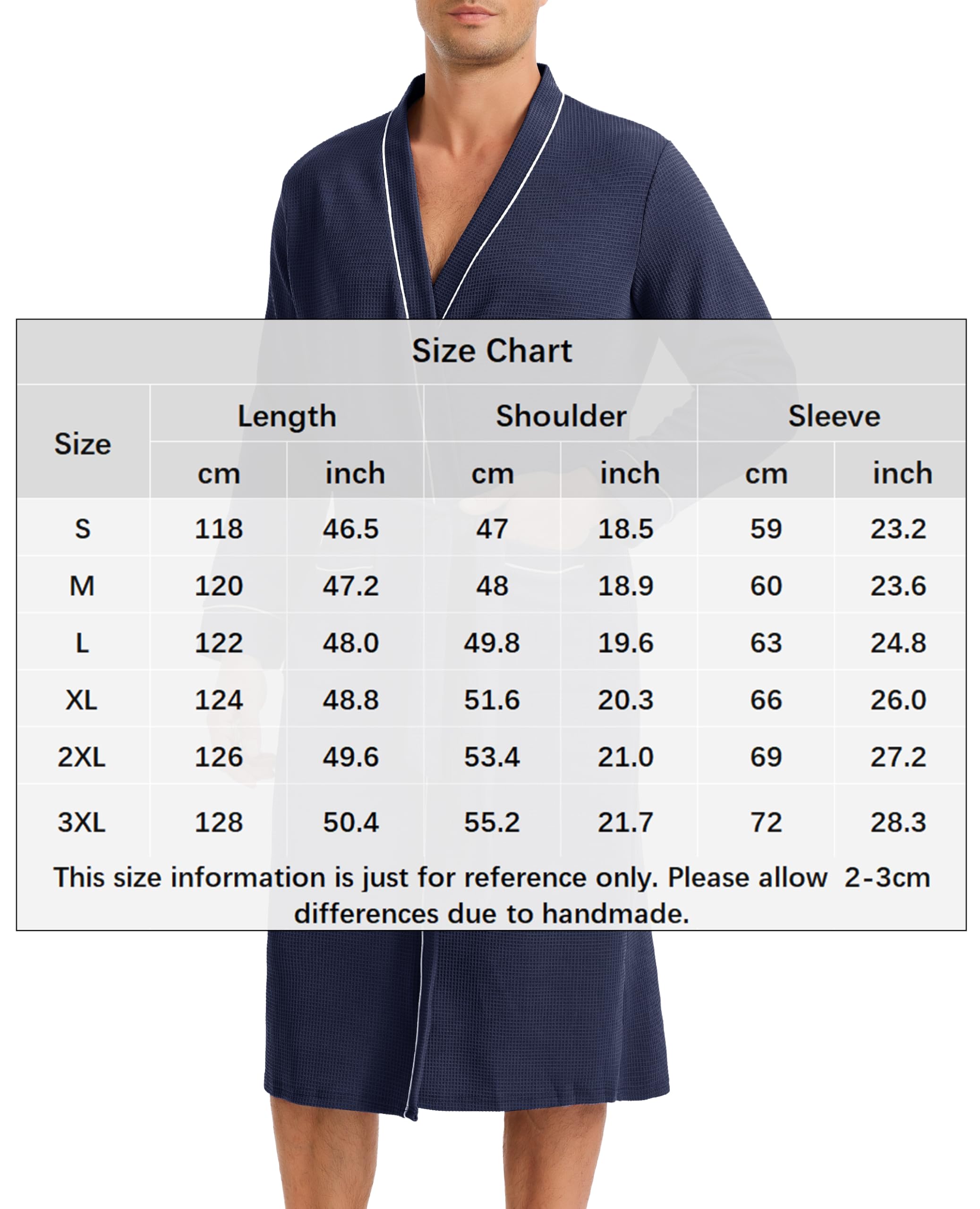 Lovasy Peignoir de Bain Homme Coton Kimono Légère Peignoir en Gaufré à Manches Longues Robe de Chambre Doux et Confortable Longueur du Genou Loungewear Col V avec Ceinture