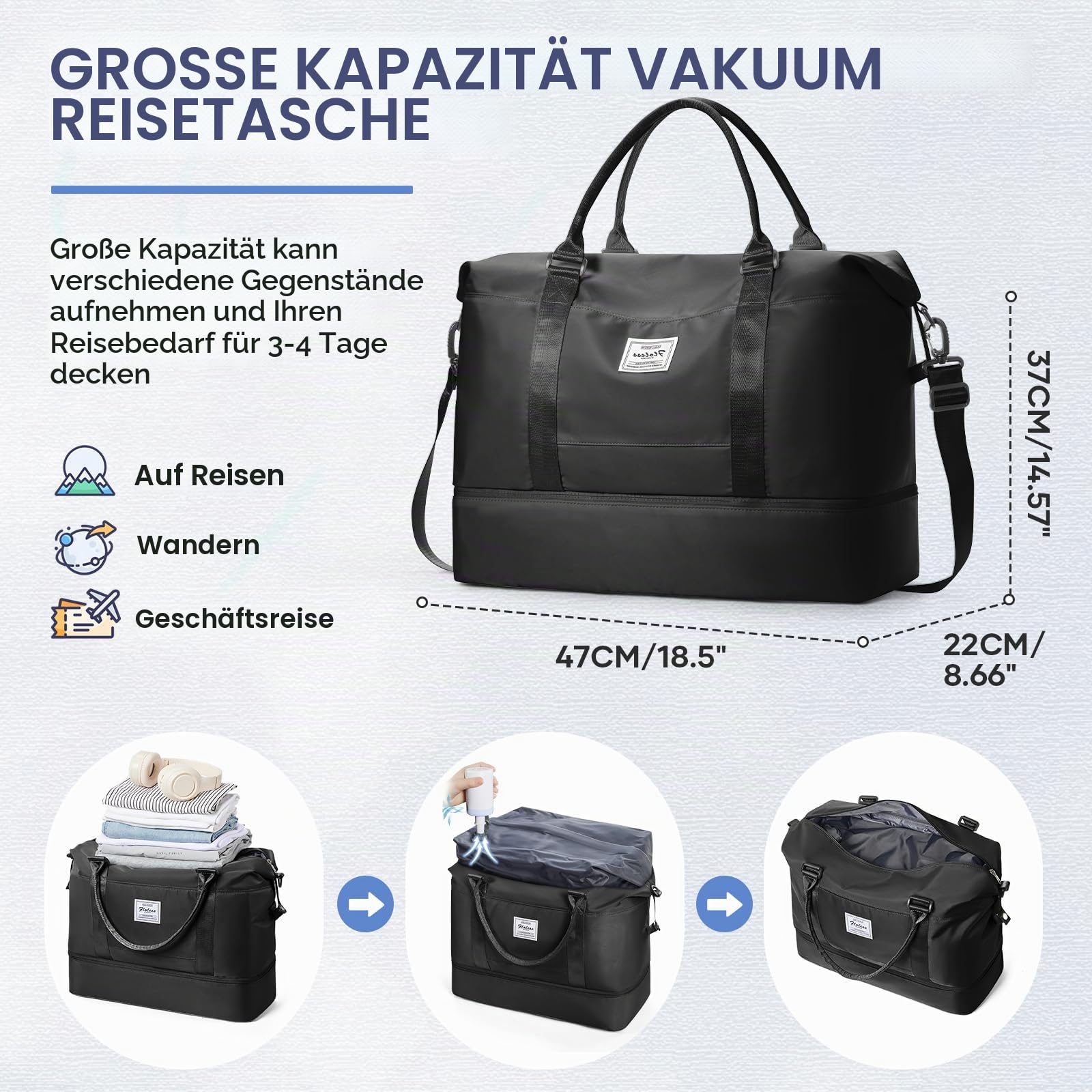 Vakuum Reisetasche Damen Handgepäck Tasche Sporttasche Weekender Bag Schwimmtasche Wasserdicht Travel Bag Duffle Bag Wickeltasche Trainingstasche Krankenhaustasche mit Schuhfach,Y1-Schwarz