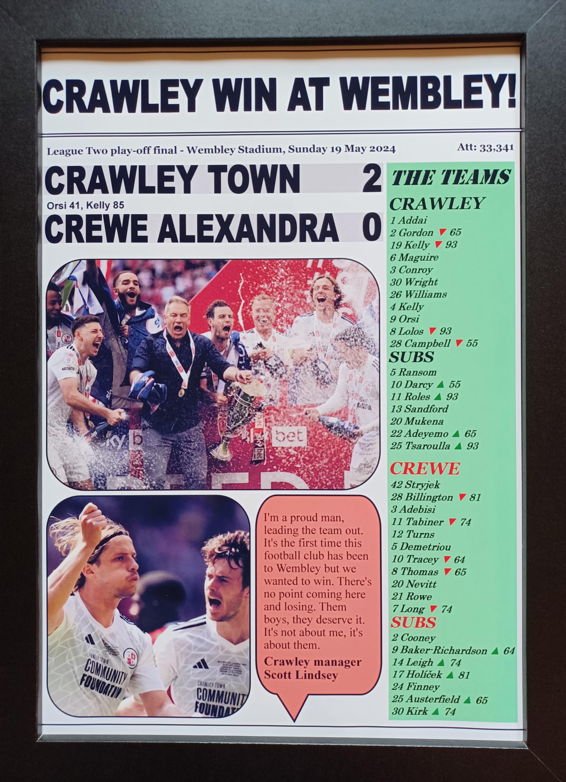 Assorted Multicoloured Crawley Town 2 Crewe Alexandra 0-2024 League Two Play-Off Final - Crawley Promoted - Framed Print