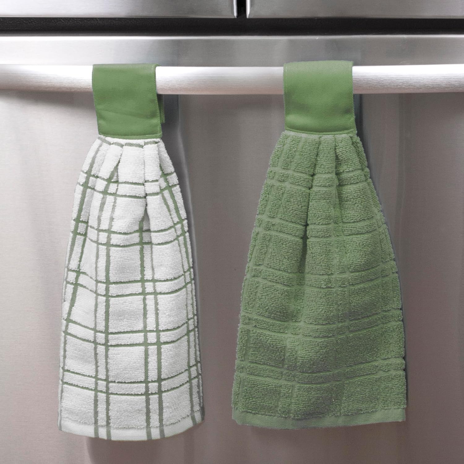 Ritz Premium 100% Cotton Solid and Multi Check Kitchen Tie Towel Absorbent, Super Soft, and Fast Drying Hang Towel, Set of Three, Juniper