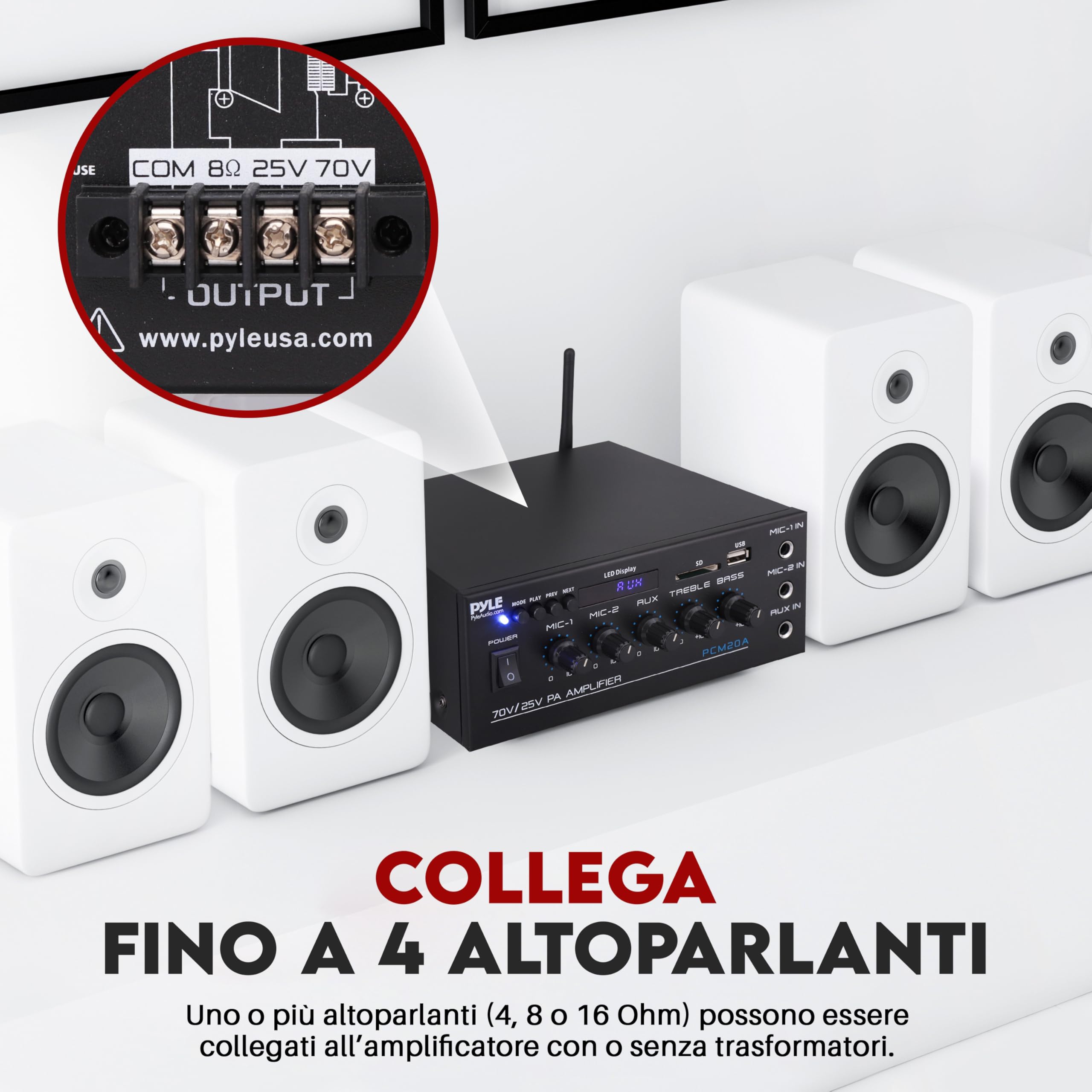 Pyle Amplificatore Audio Stereo Compatto 40 Watt, Ricevitore Audio Mini Smart con AUX, 2 Ingressi Microfono, Compatibile con Altoparlanti da 8 Ohm, 25V/70V, Selettore LED per Uscite Altoparlanti
