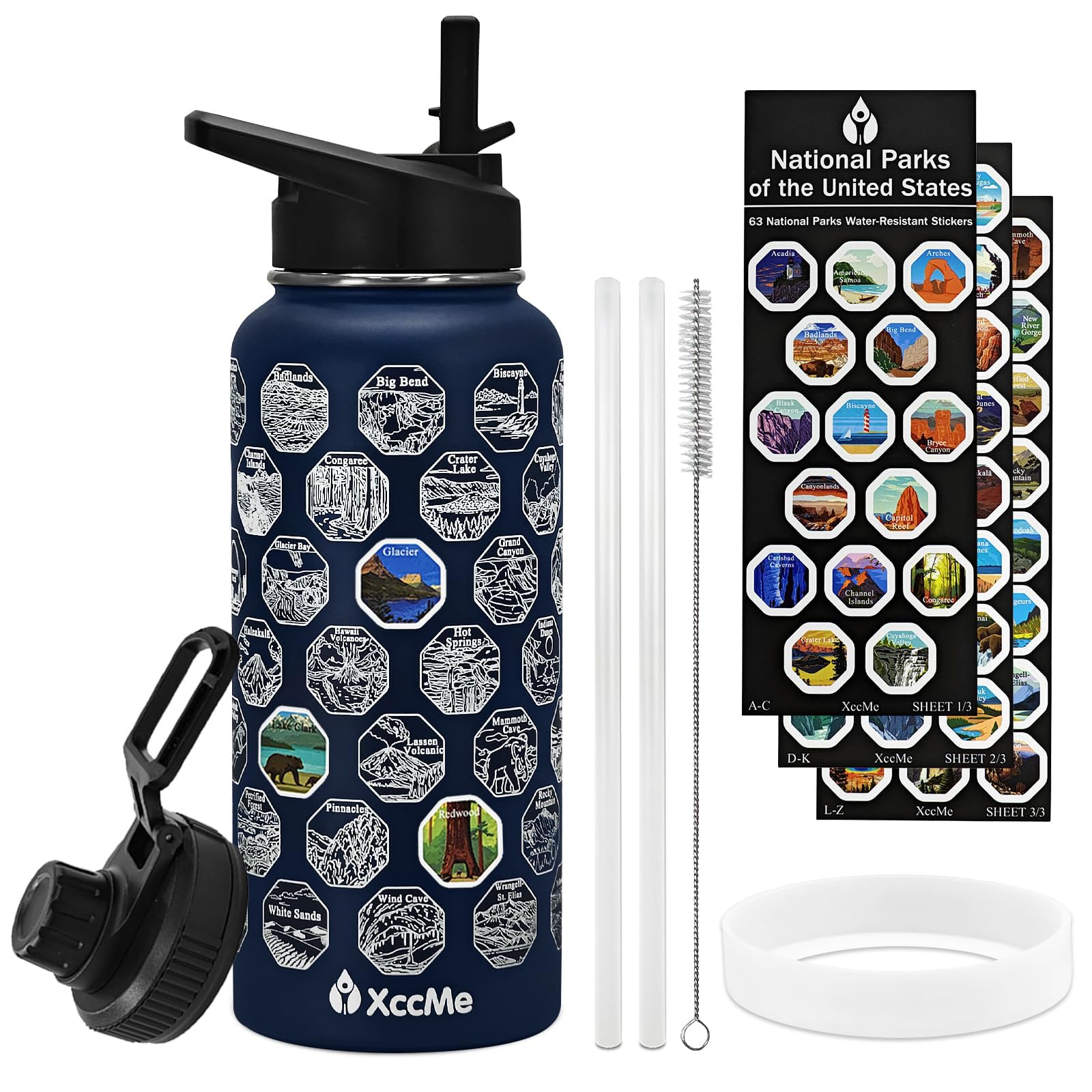 XccMe 32oz Insulated Stainless Steel Water Bottle With 2 Lids & Straw - American Flag Design