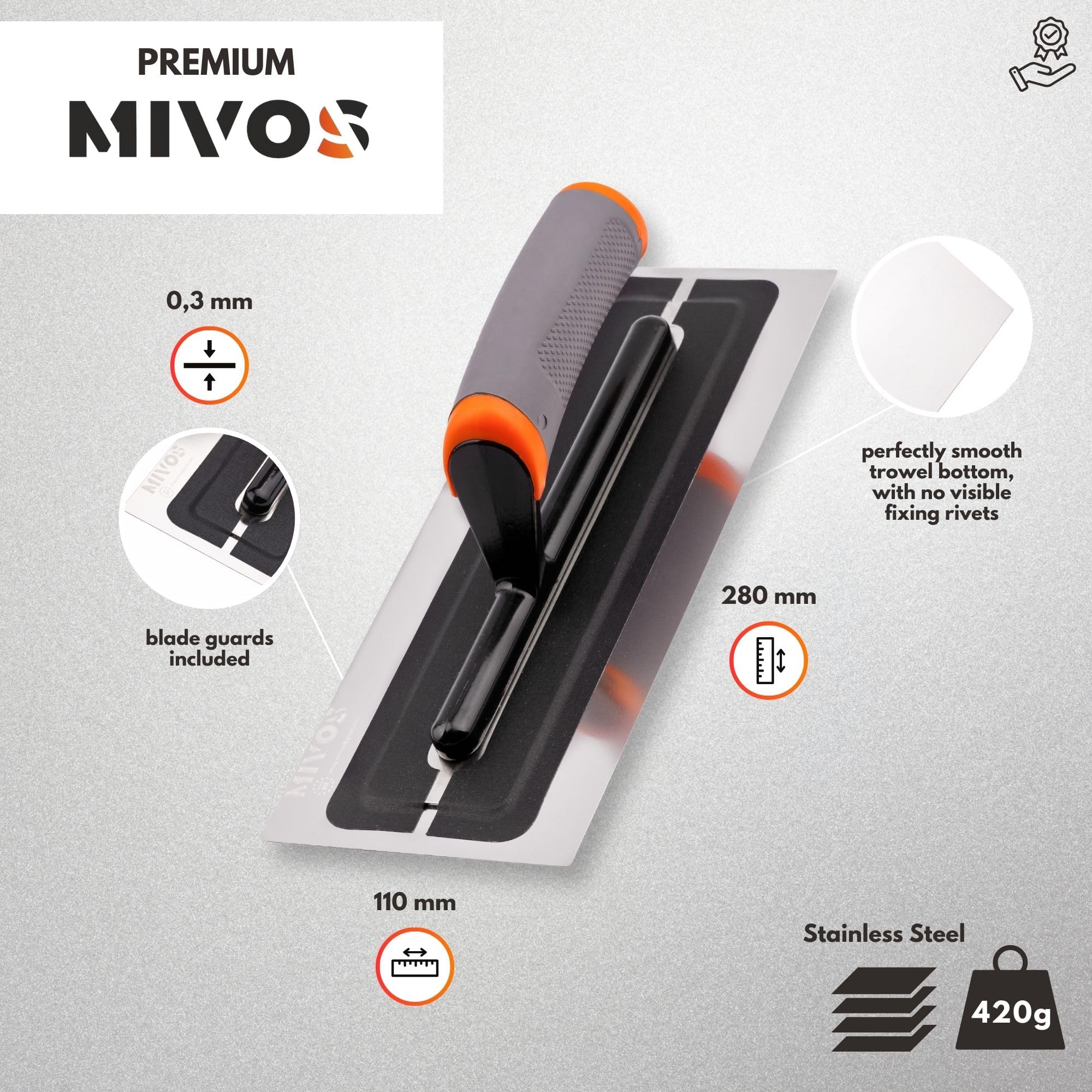 MIVOS Premium smoothing trowel made of high-quality stainless steel, 280 x 110 mm, professional smoothing wheel, smoother - Image 3
