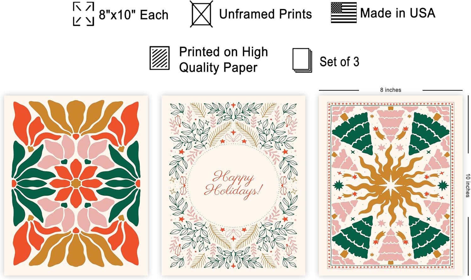 Poster Master 3-Piece Happy Holidays Print - Retro Flower Poster - Holiday Art - Floral Wall Design - Gift for Men & Women - Chic Boho Decor for Bedroom or Living Room - 8x10 UNFRAMED Wall Art