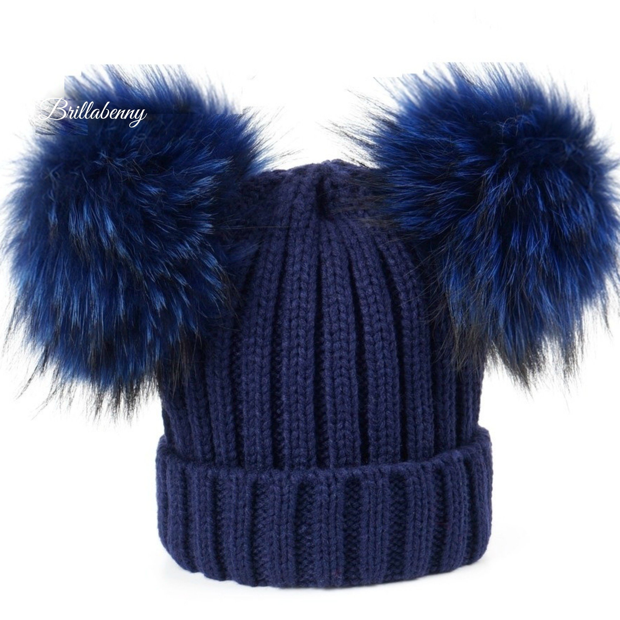 Cappello Berretto Donna Blu Modello Cuffia Vera Pelliccia PON PON Misto Lana Luxury Hat