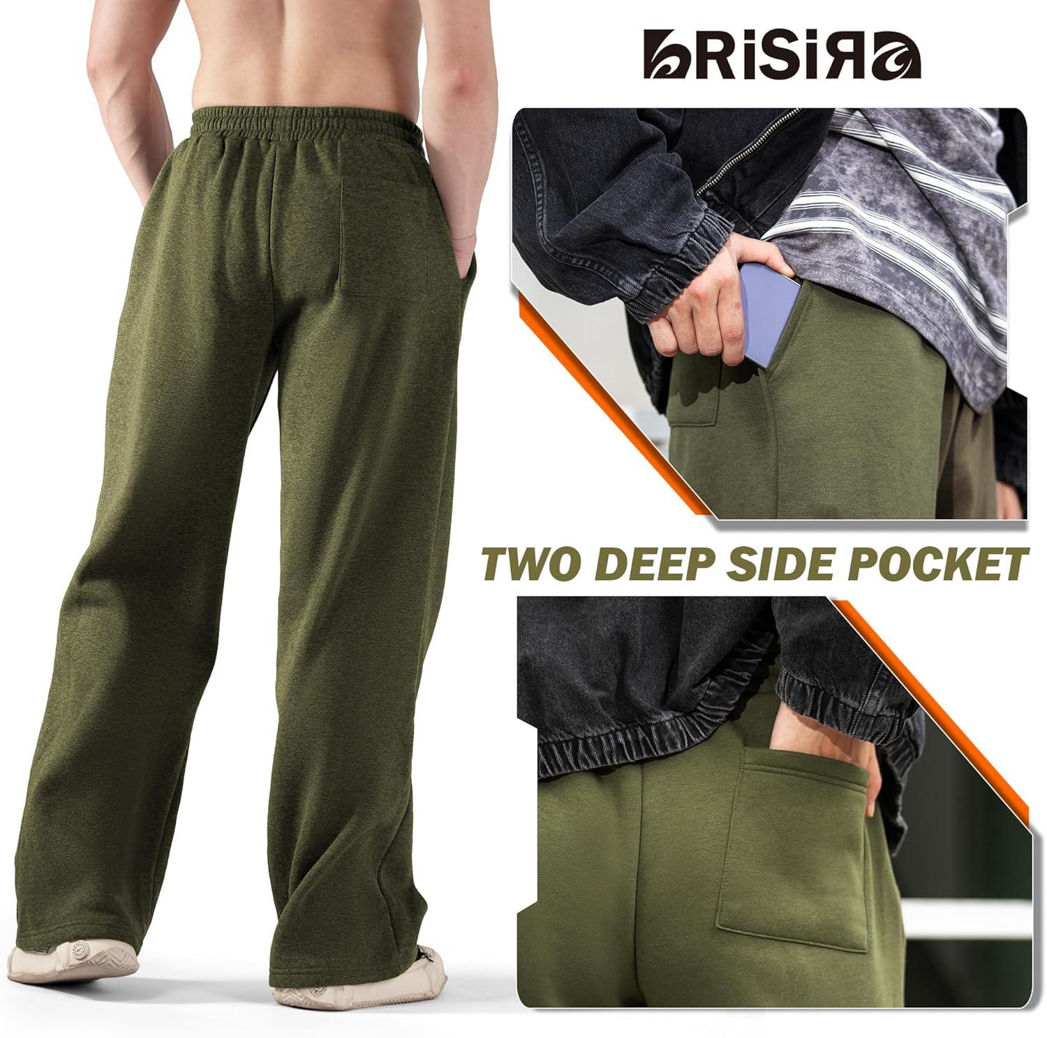 BRISIRA Mens Baggy Sweatpants (L-2XL) Fleece Lined Wide Leg Warm Sweat Pants Open Bottom with Deep Pocket & Elastic Waist - Image 4