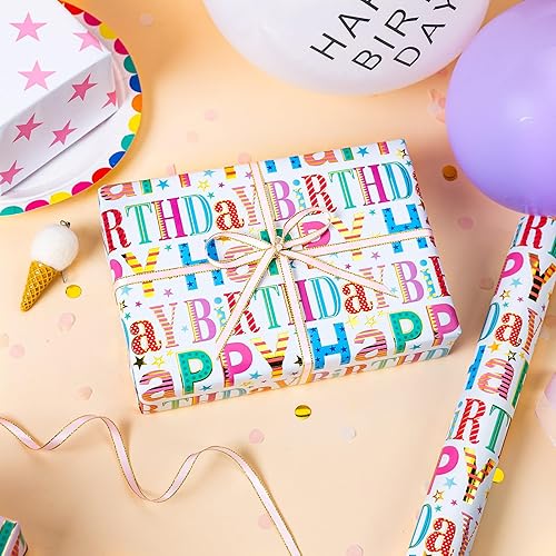 Miniatura 3 de Homeral Rollo de papel de regalo de cumpleaños, letras coloridas de feliz cumpleaños con brillo metálico y estrellas rosadas, envoltura de regalo