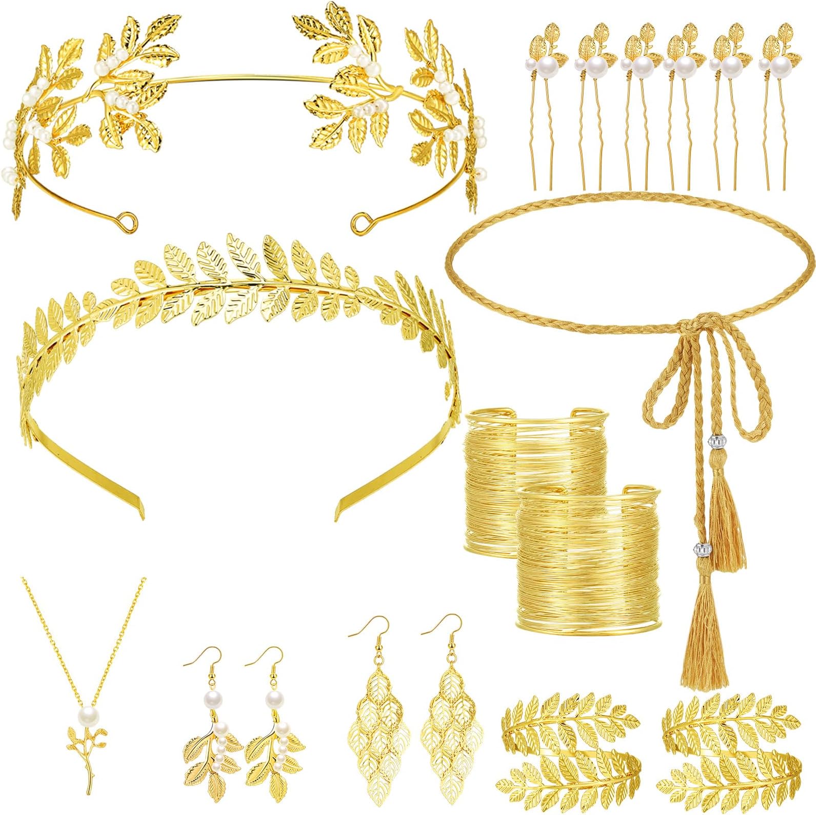 JenPen 15 Pcs Greek Goddess Costume Accessories Set Golden Laurel Leaf Crown Upper Arm Cuff Coil Bracelet Hair Headpiece Artificial Leaf Drop Earrings Necklace Toga Waist Belt for Women (Elegant)