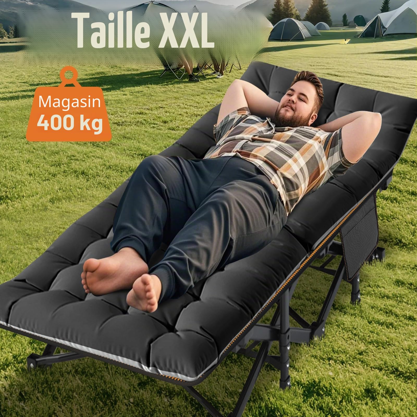 Lit pliant extra-large avec matelas – 46 cm de large, cadre en acier robuste de 400 kg et tissu Oxford, 198x81x46 cm, idéal pour les adultes, le jardin et les voyages (XXL Noir)