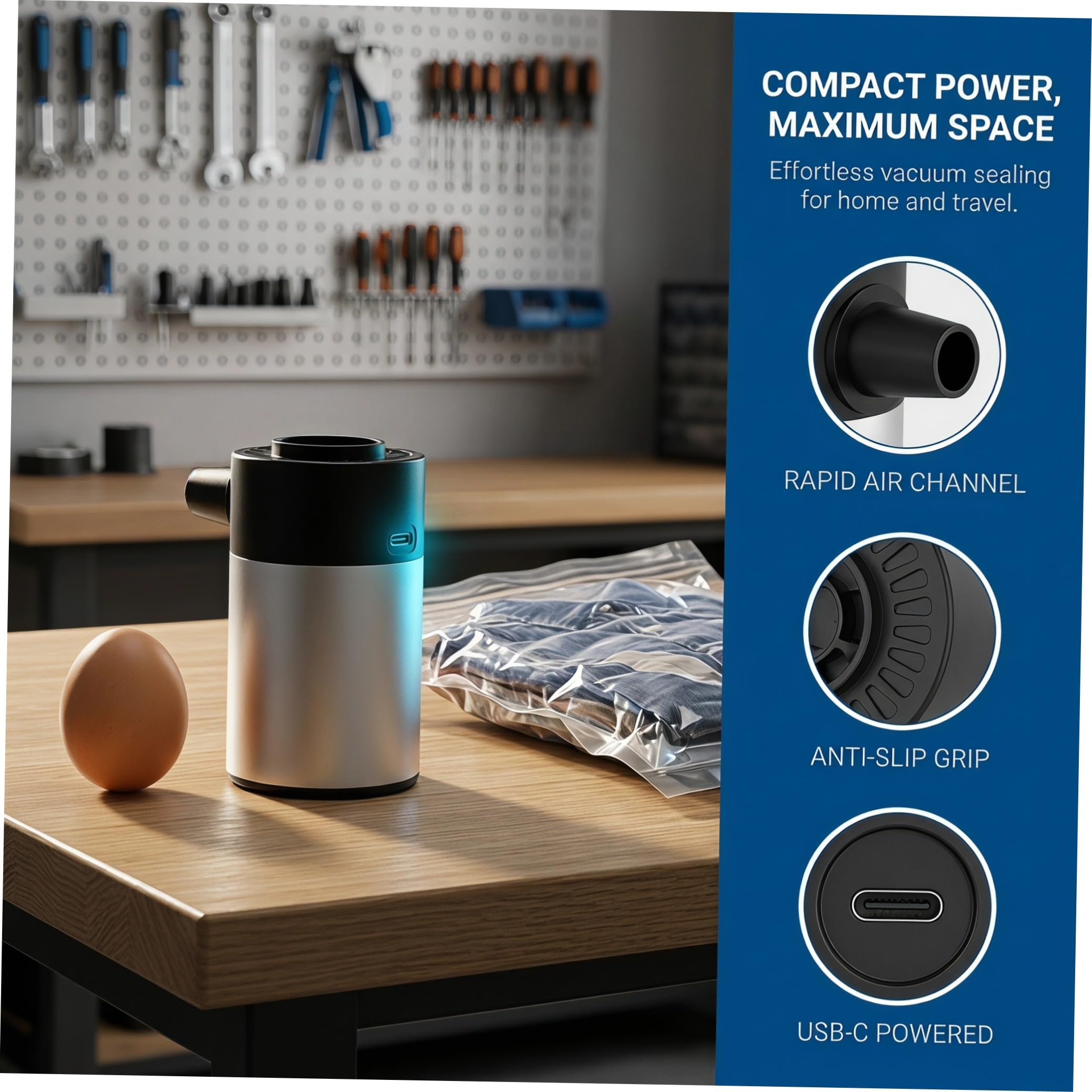 Bomba de Succión Portátil para Bolsas, 6000Pa 60W, ABS Aluminio