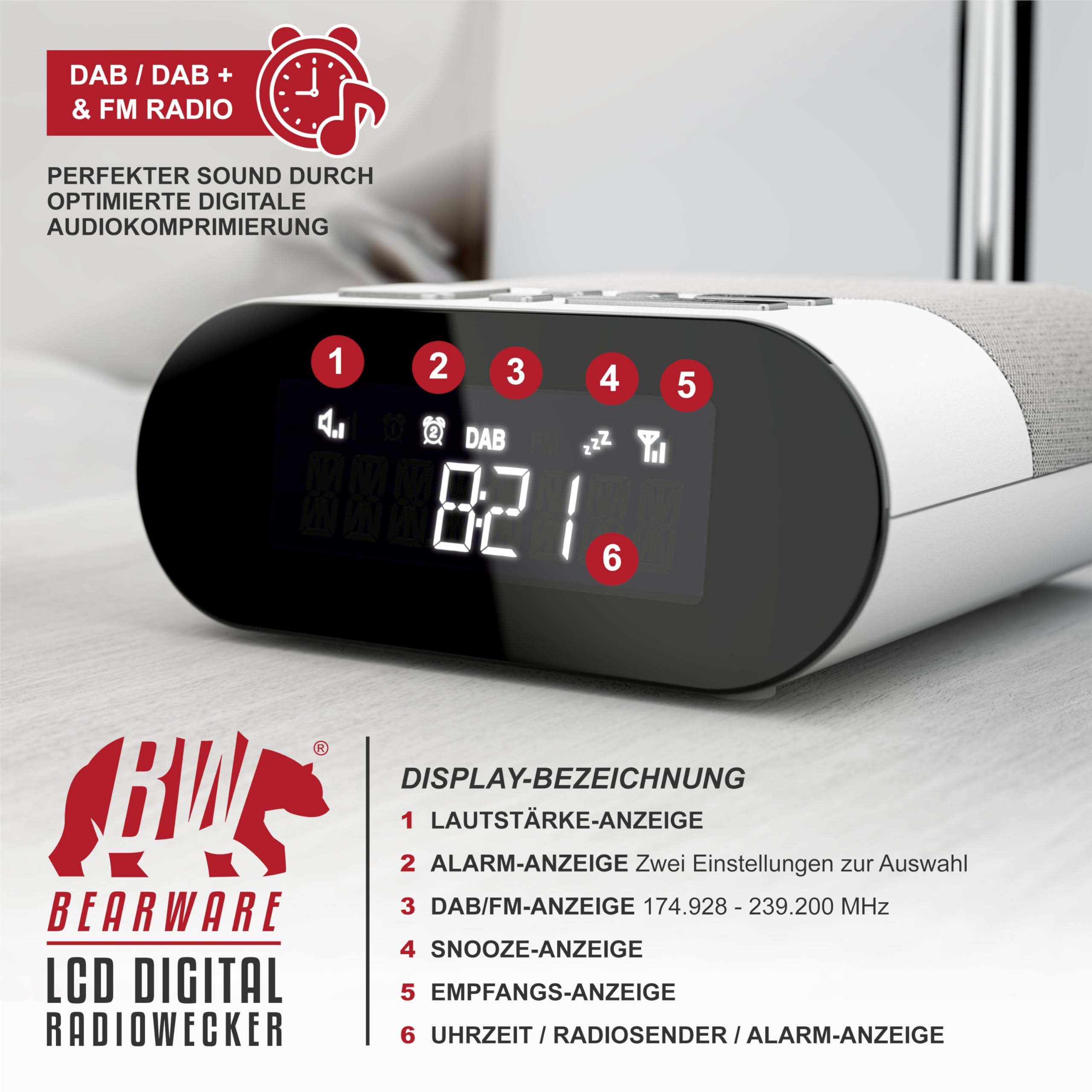 CSL - DAB Plus Radio digital - Radiowecker DAB+ FM UKW - je 20 Speicherplätzen – 16 Lautstärkestufen – Wecker – große Ziffern – Snooze – Abschalttimer – inkl. Netzteil