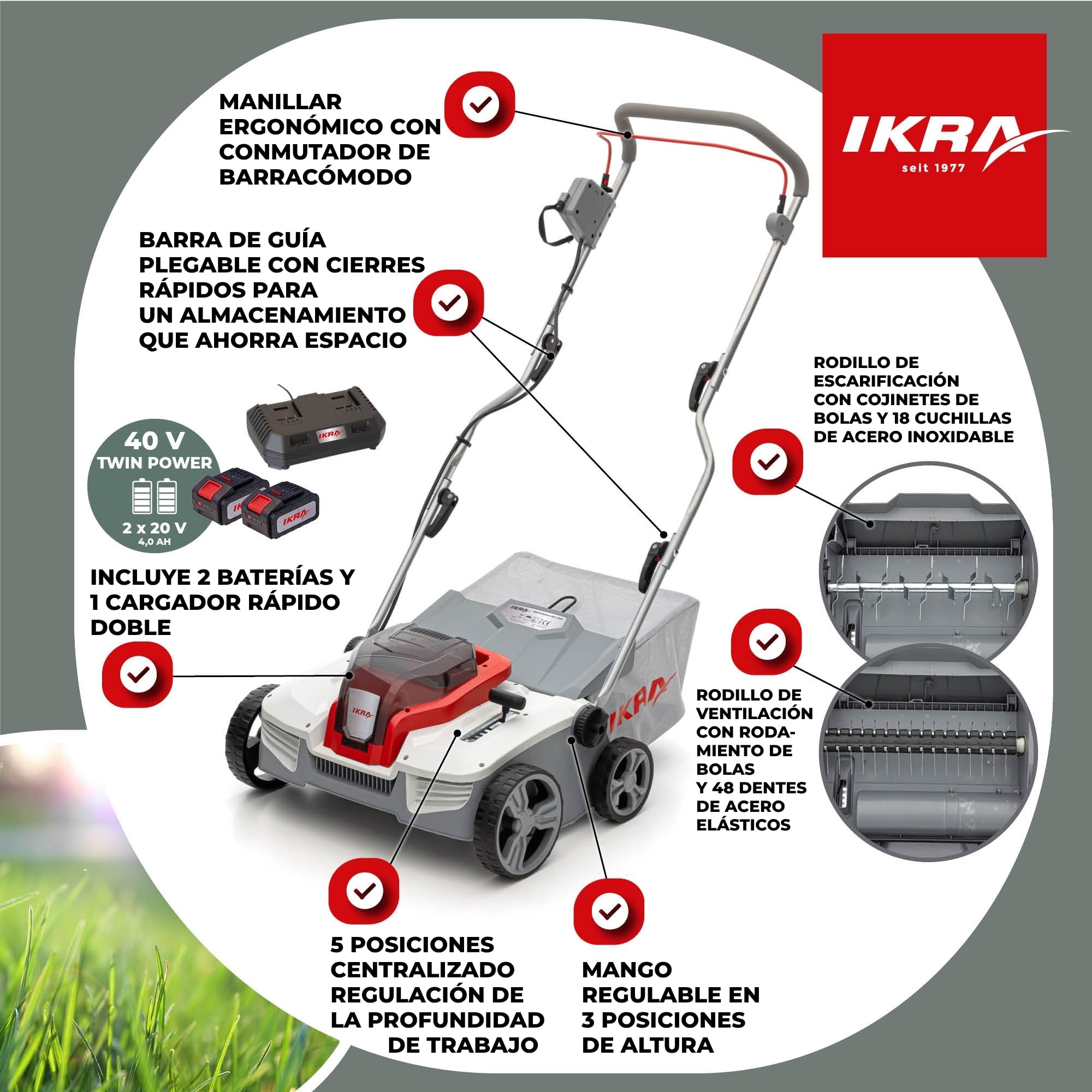 IKRA escarificador y aireador a batería 3 en 1 IAVL 2-2040, ancho 40 cm | Incluye 2 baterías de 20 V y 4 Ah y cargador rápido, cesta de recogida de 40 l, +3 a -12 mm, gama de baterías de 20V de IKRA