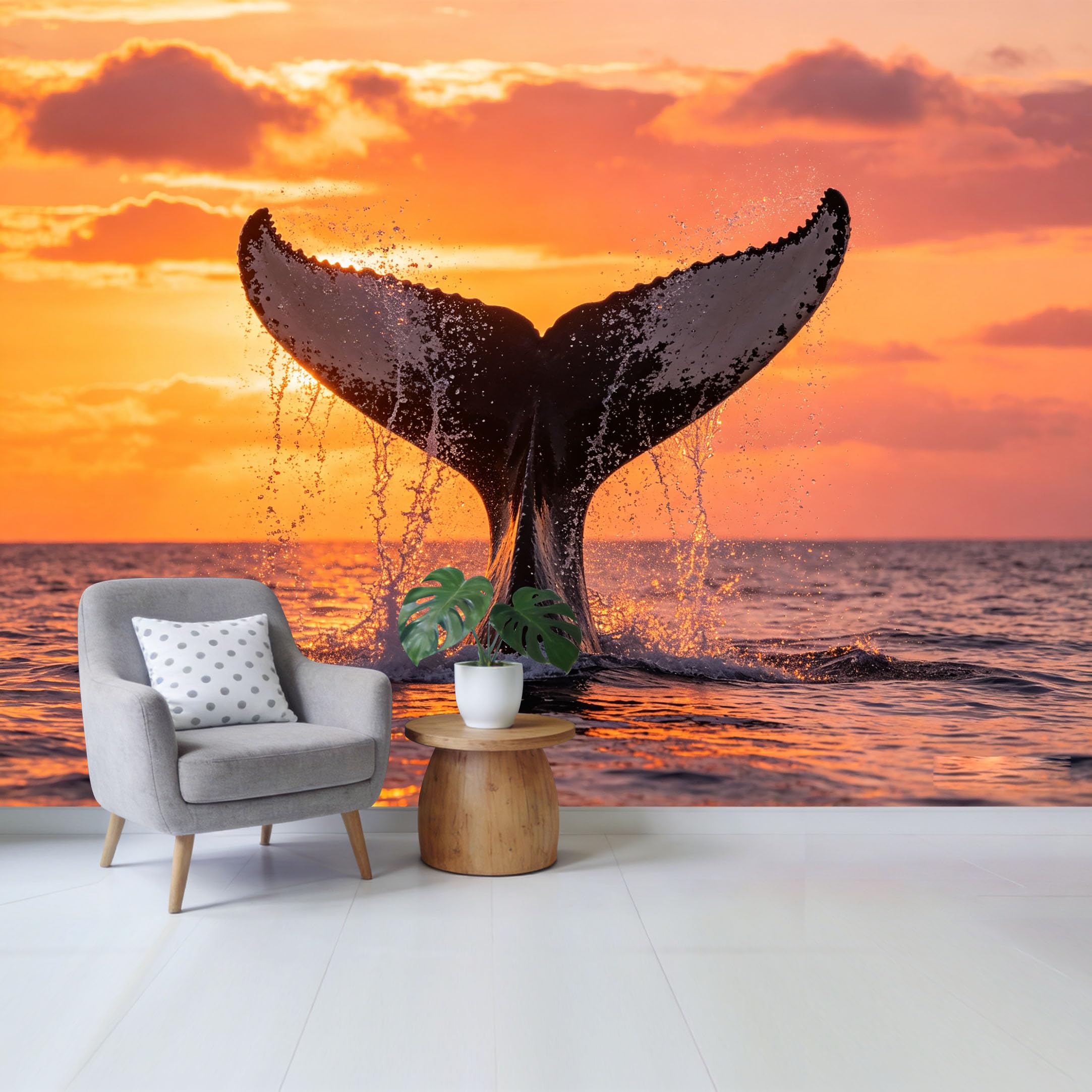 Qzlithotic Yq2605250223 Custom Size Wall Mural Majestic Whale Tail Sunset Ocean Landscape 3D Trompe L'oeil Selfadhesive Wall Fabric Removable Wallpaper For Home Office Decor