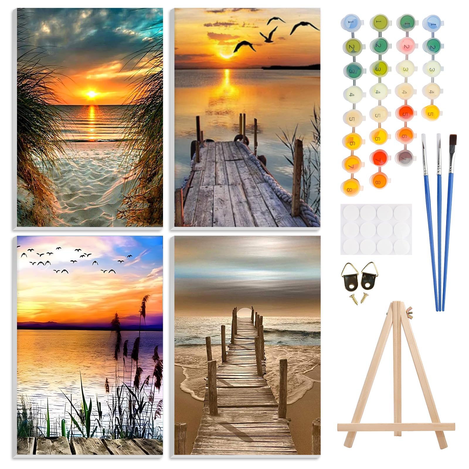 4 Pack Paint by Number Kits for Adults with Framed Canvas&Wooden Easel, DIY Adult Painting by Number Kit Oil Acrylic, Sunset Beach Painting Kit for Beginners, Arts and Crafts for Home Decor 8x12inch