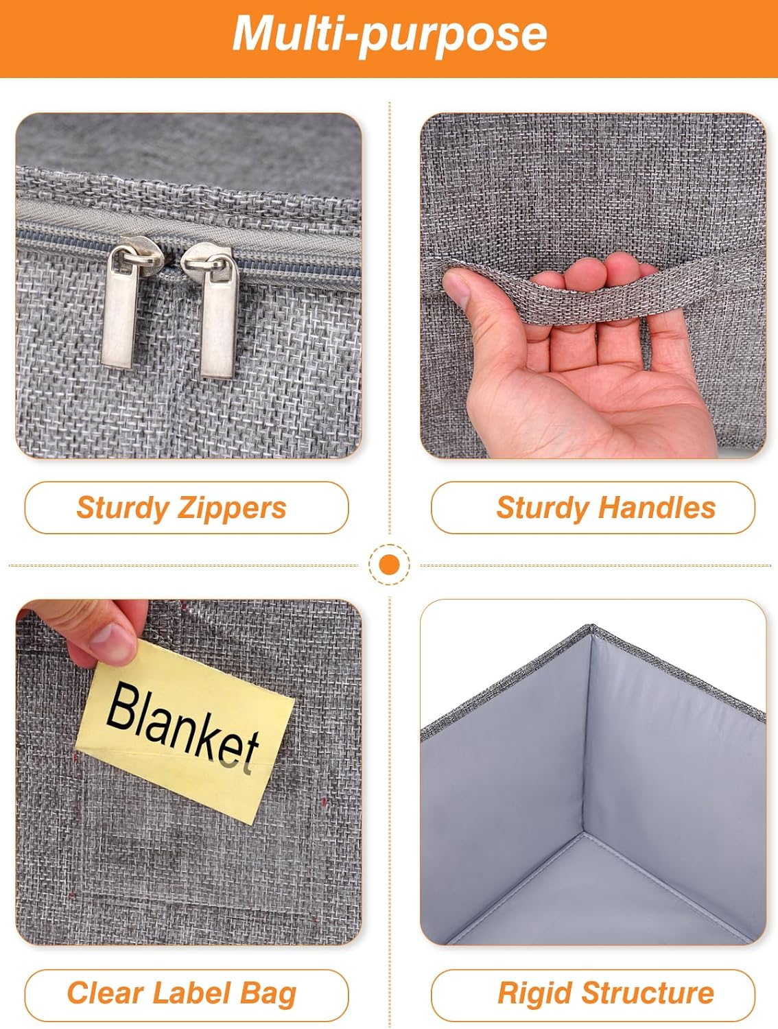 60L Blanket/Comforter Storage Bag w/Rigid Side & Bottom Support, Stackable Clothes Storage Bin for Sweaters Bedding Sets Quilts Pillows, Closet Organizer, 21.7x14.2x11.8in, 2 Pack, Gray - Image 7