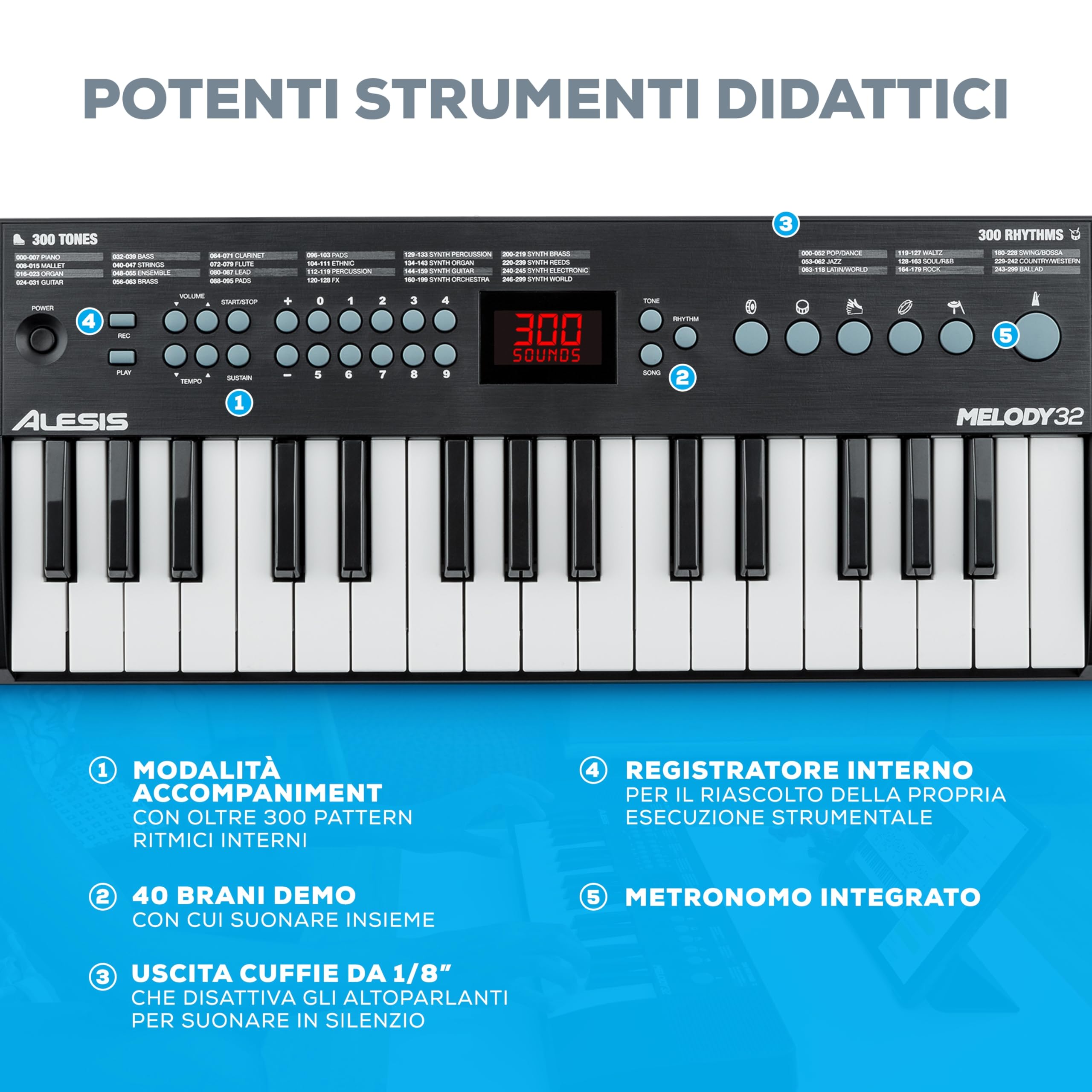 Alesis Melody 32 Tastiera Musicale 32 Tasti con Casse Integrate 300 Suoni USB-MIDI