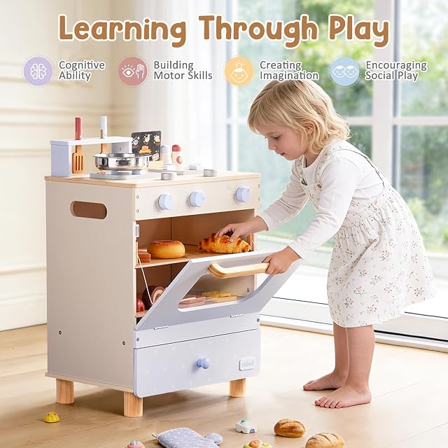 Foto 6 de 8 de ROBUD Juego de cocina de madera para niños, juego de rol con horno de juguete, estufas, utensilios