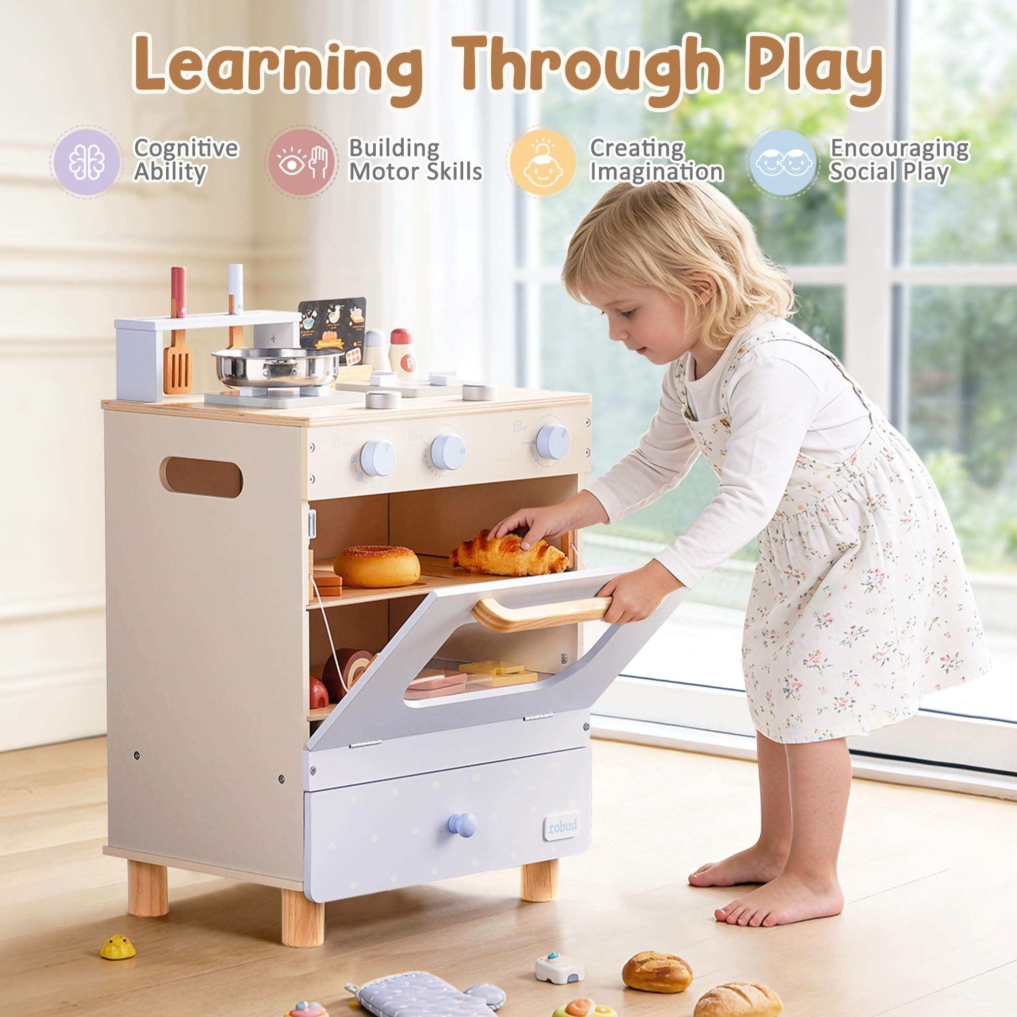 ROBUD Cucina da gioco in legno per bambini, set da cucina con forno giocattolo, fornelli, utensili, biglietti di ricette e pentole, set da cucina per bambini dai 3 anni in su