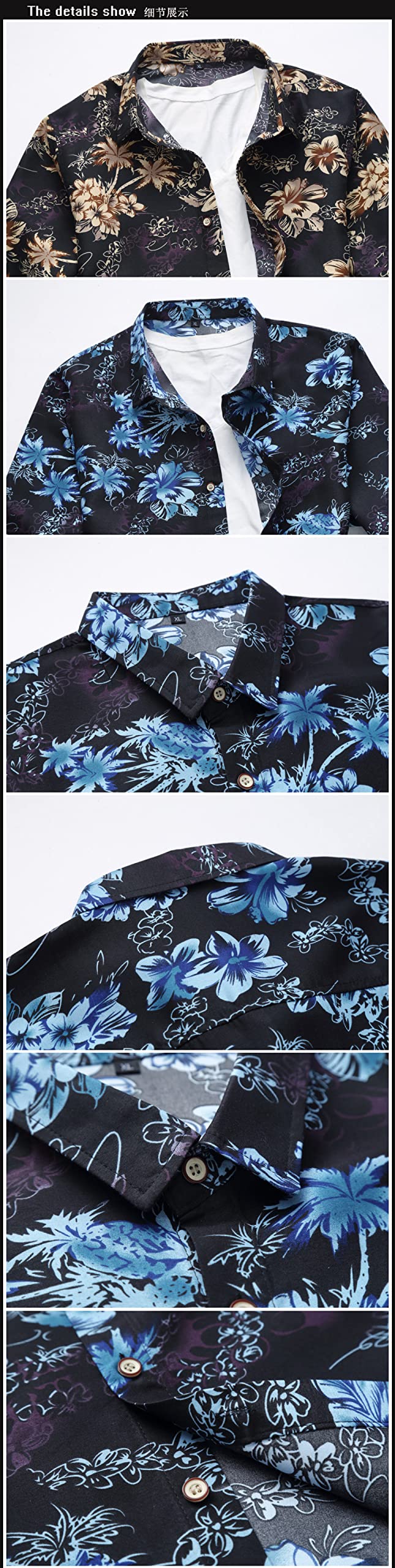 HGJH Hawaii Hemd, Herrenhemd Große Größe Blauer Kokospalmen-Blumendruck Hawaiihemd Kuba-Kragen Schwarze Lange Ärmel Button-Down-Weiches Strandhemd Henley-Hemd Für Männer Jungen