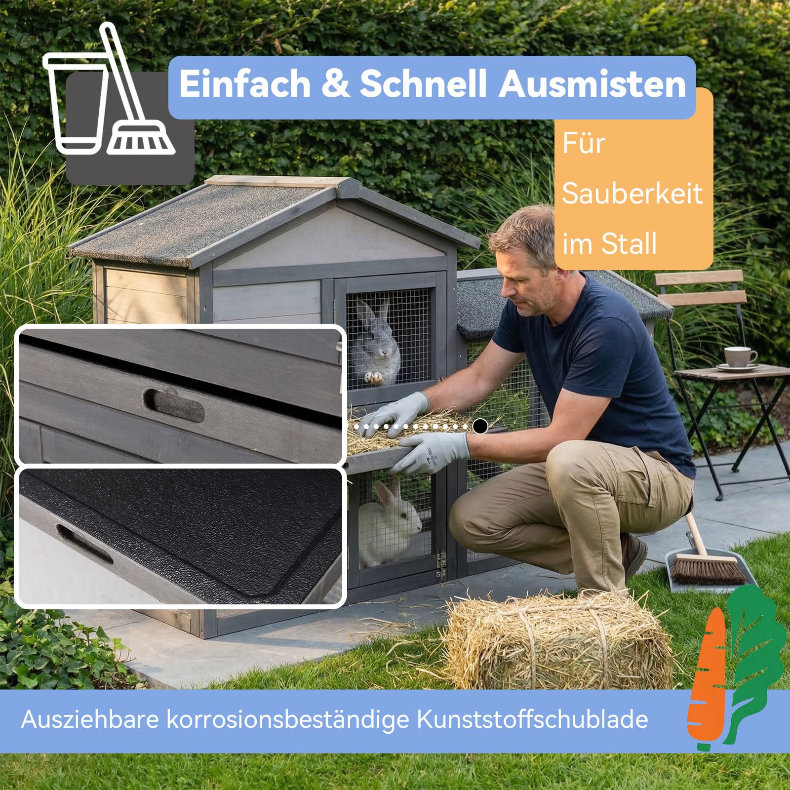 Kaninchenstall mit Freilaufgehege 147X54X85cm-Hasenstall mit Bitumeneindeckung und Kotwanne -Kaninchenkäfig Winterfest grau
