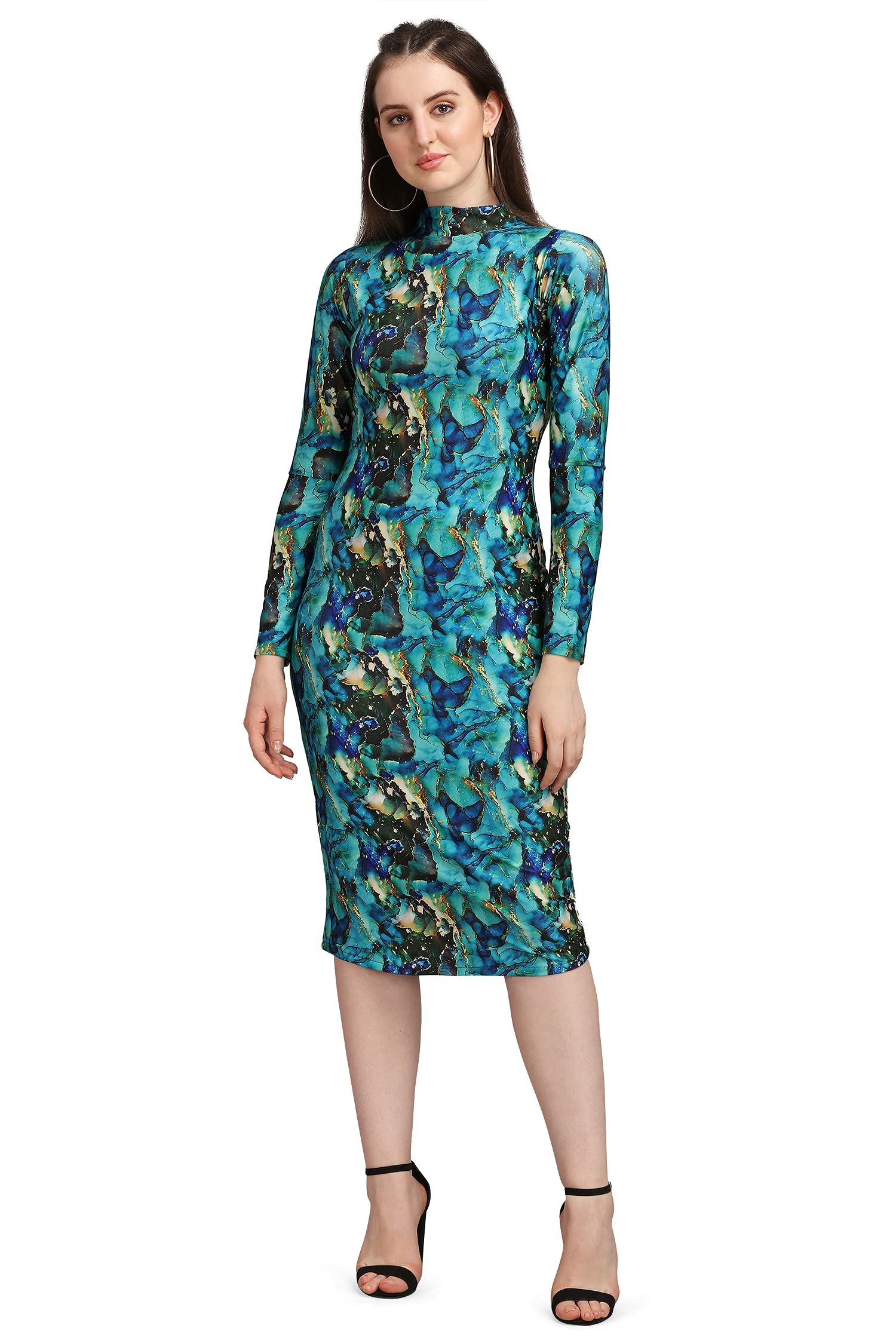 Purvaja Women's Polyester Blend Bodycon Knee Length Cocktail Dress (Siri-Turtle-Rama-M