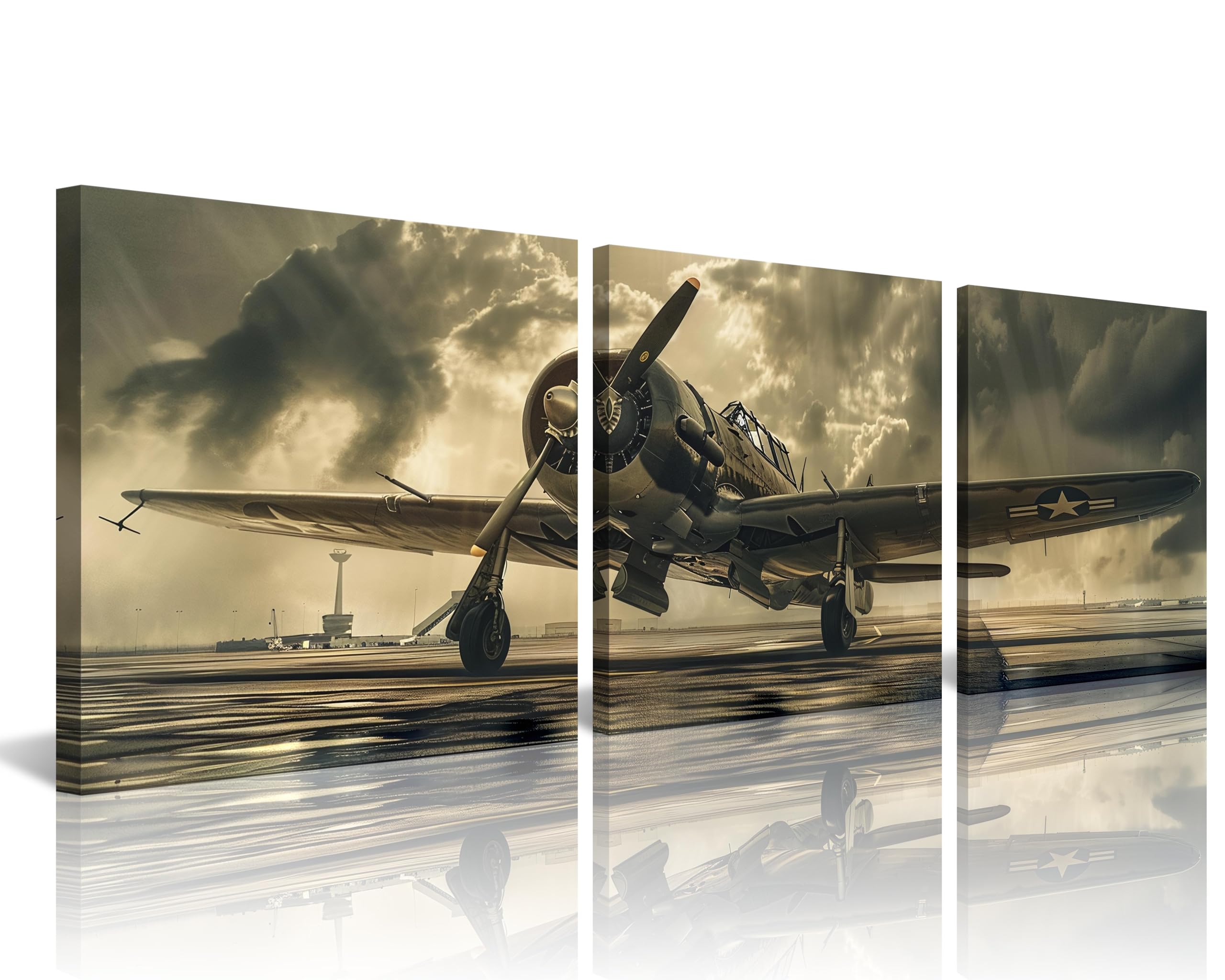 NAN Wind Vintage Aviation 3-Piece Canvas Art Set Retro Classic Warplane Paintings Printed on Waterproof Gallery-Wrapped Framed Canvas Nostalgic