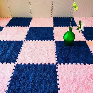 Plush Jigsaw Puzzle Playmats with Border,Interlocking Carpet Tiles,10 Pieces Foam Floor Mat,Living Room,Bedroom,30x30 CmSize0.39 inch,ColorNavy Blue+Pink