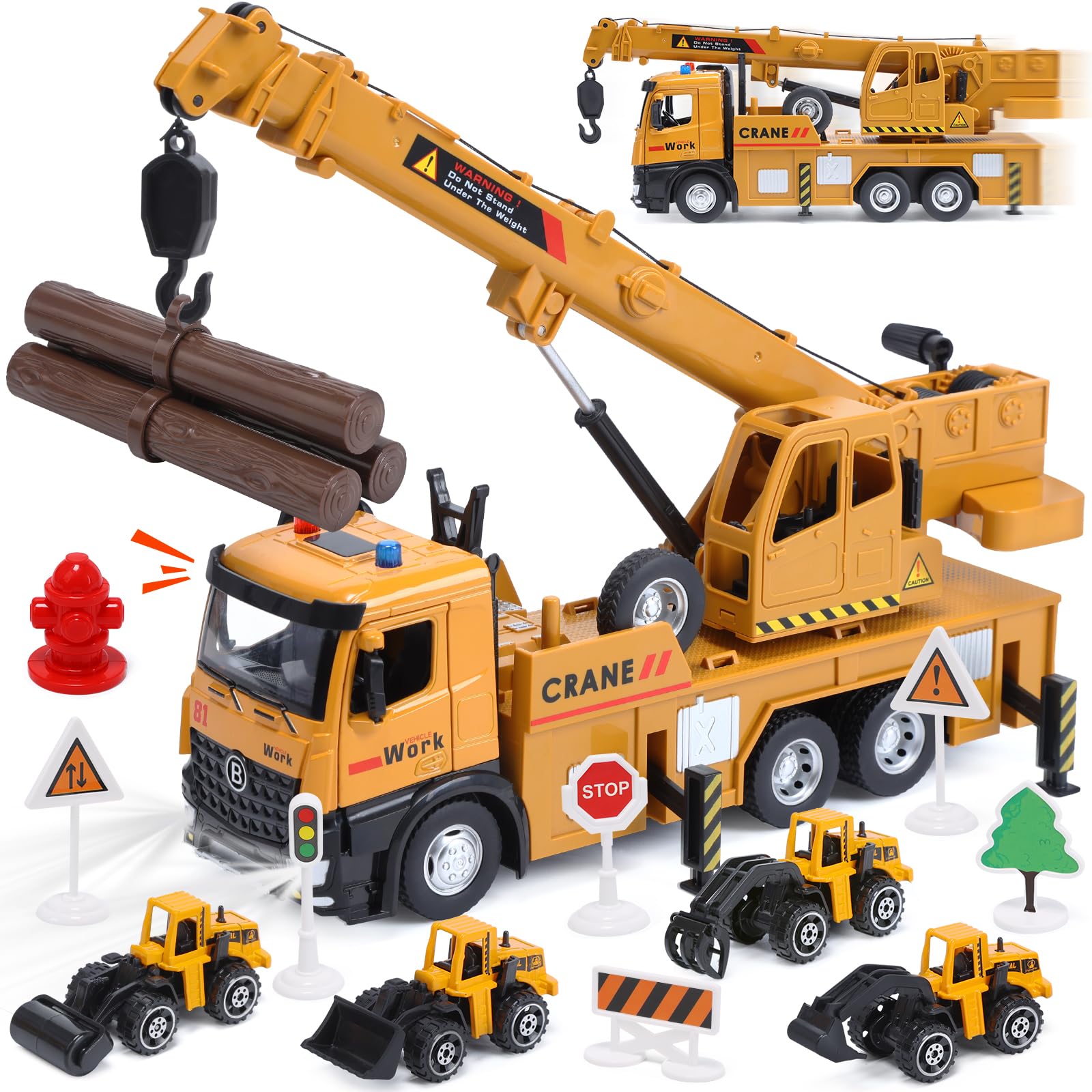 CUTE STONE Crane Truck Toy, Kids Construction Vehicles Playset W/Sounds& Lights, 4 Mini Diecast Trucks, 270° Rotating Cab, 3 Timber Woods, Alloy Engineering Friction Powered Car Gift for Boys Girls