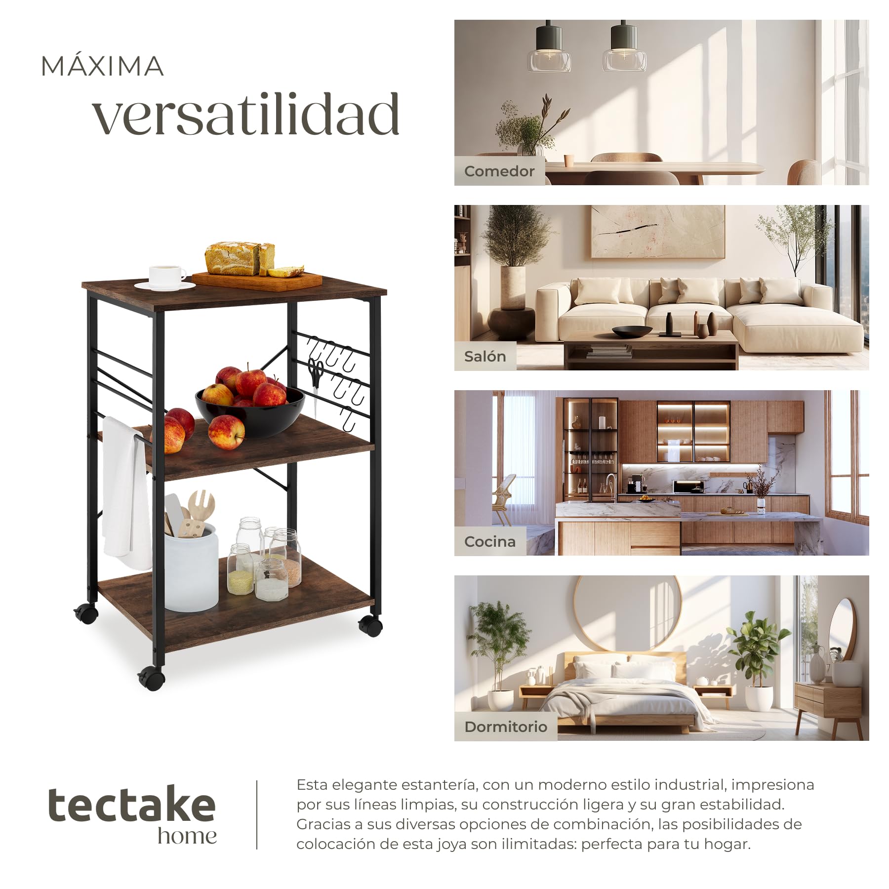 tectake® Estanteria Cocina con Estilo Industrial, Estanteria Pared Multifuncional, Mueble Auxiliar para Recibidores y Muebles de Salon - 65,5 x 45,5 x 88,5 cm Madera Industrial Oscura, Rústica