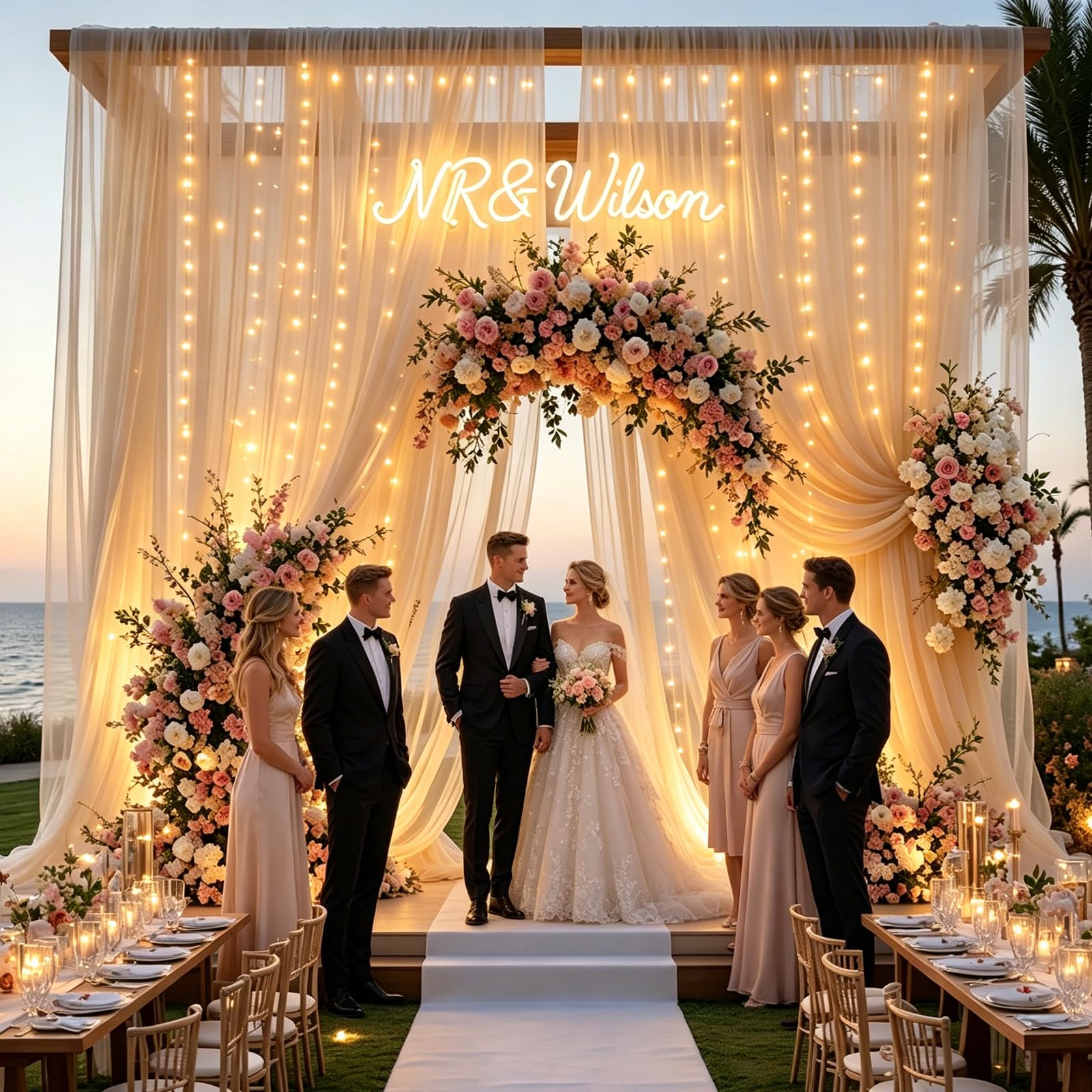 Rideaux de fond en tulle champagne avec guirlandes lumineuses pour fêtes – Rideaux transparents de 50,8 x 2,4 m avec lumières pour mariage, fête prénatale, fête d'anniversaire, décoration de