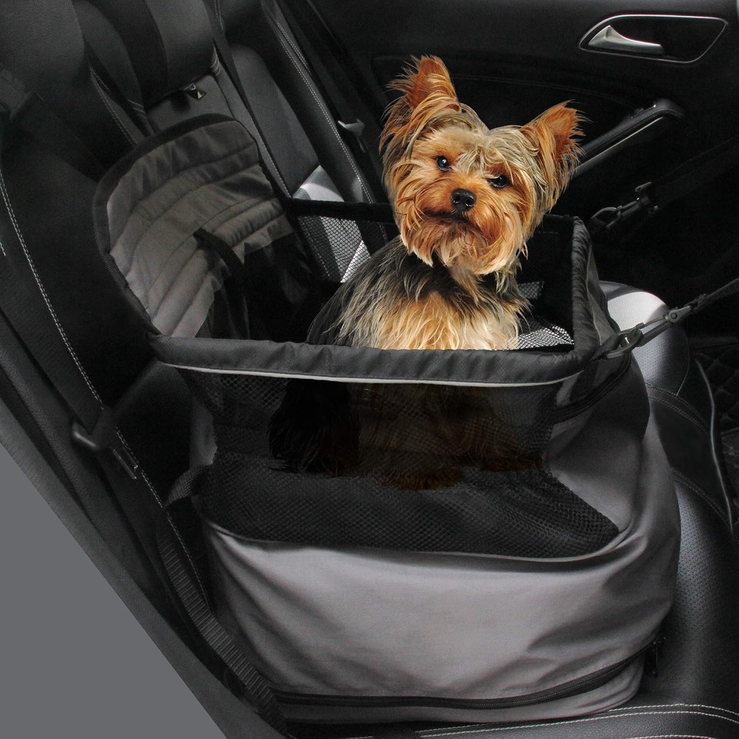 Pet Car Booster Seat, Portable and Waterproof Bag with Seat Belt, Automotive Travel Carrier with Storage Pockets and Washable Pad for…